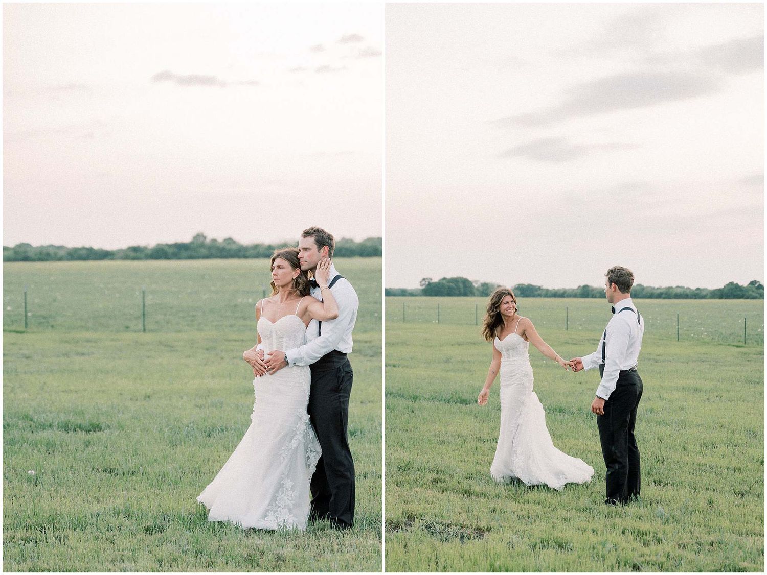 Couple sharing romantic moments in a scenic green field during sunset.