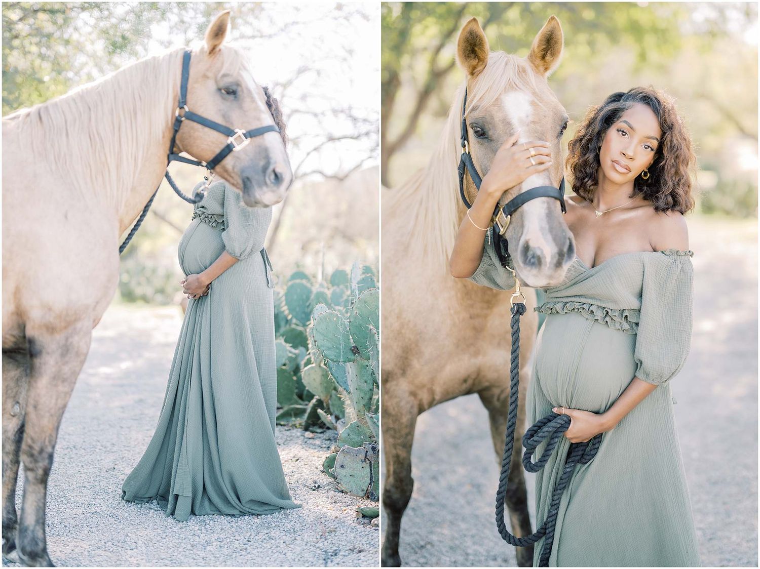 A series of romantic engagement photos with a couple and their horse in sage green tones.