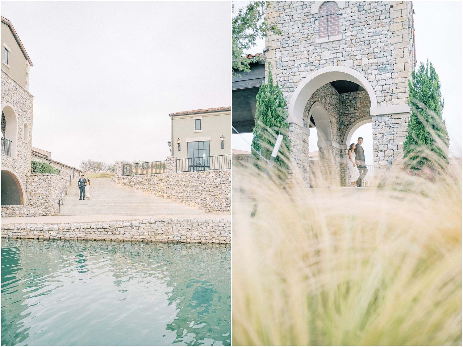 Scenic stone architecture and reflective pond create a romantic backdrop for outdoor photography.