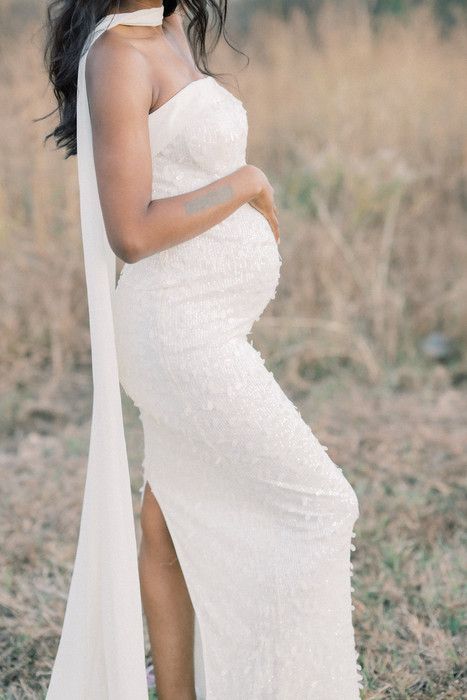 A sequence of maternity photos showing a white lace dress against a soft natural outdoor background.