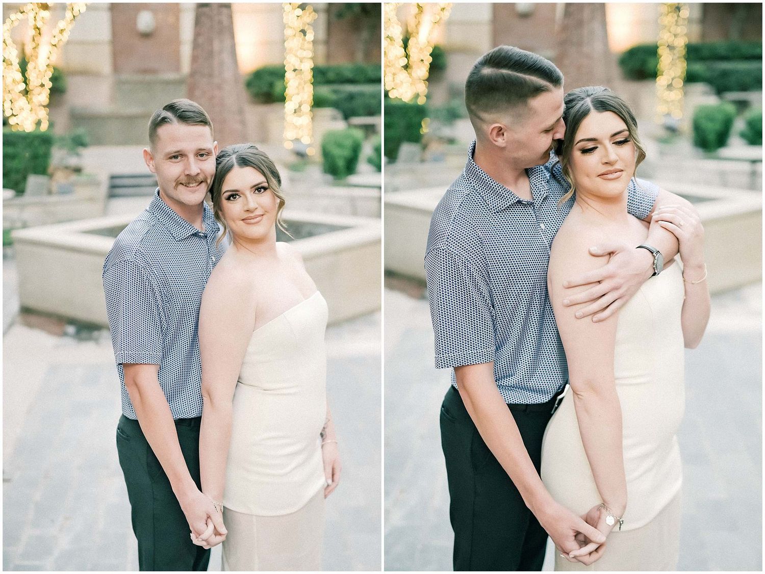 A romantic couple shares tender moments in a series of outdoor portraits wearing blush pink and grey attire.