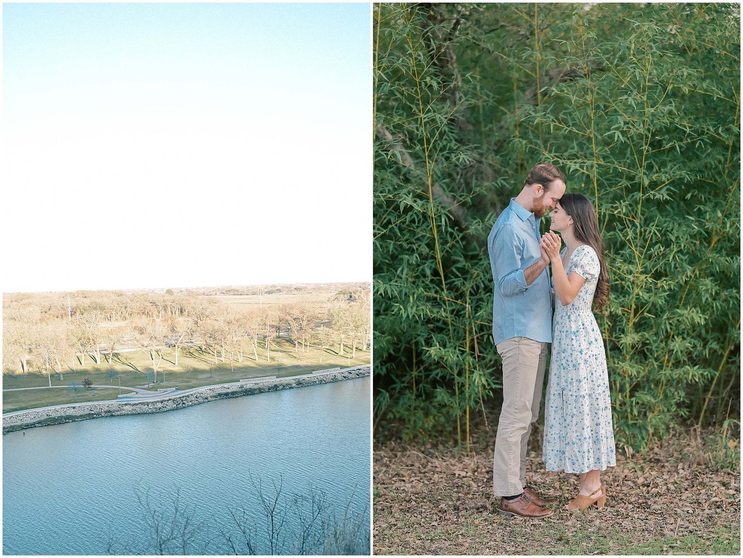 A couple shares tender moments against a scenic backdrop of greenery and water.