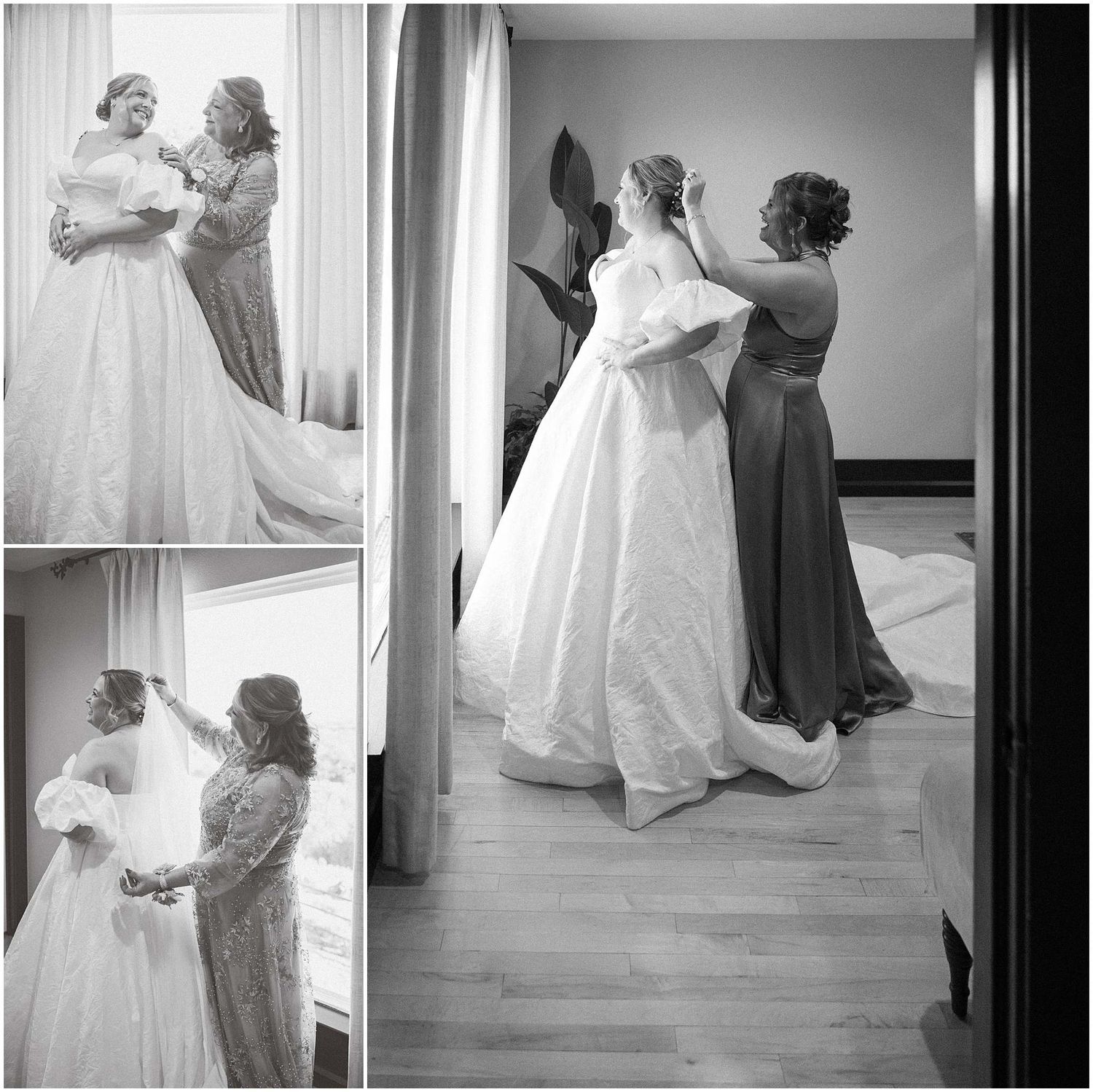 Black and white photos show intimate getting ready moments with a bride in her wedding gown.