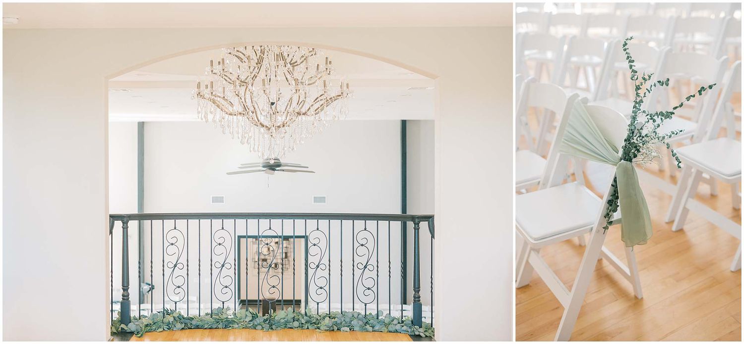 Decorative wrought iron balcony details and architectural elements in a bright interior space.