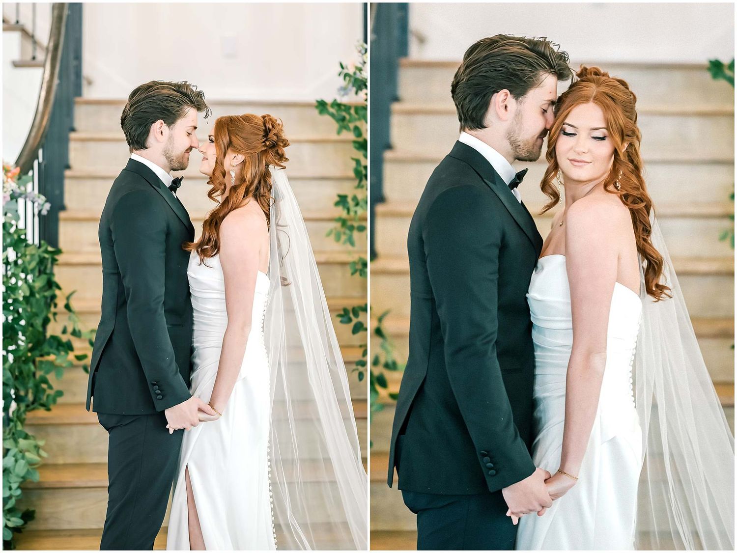 Series of elegant wedding portraits showing tender moments between bride and groom.