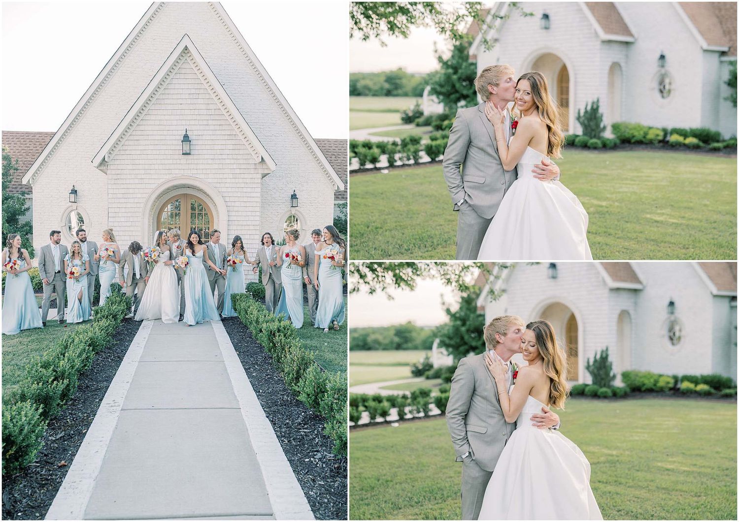 Bride and groom kiss outside white chapel with wedding party in light blue dresses and gray suits on sunny day.