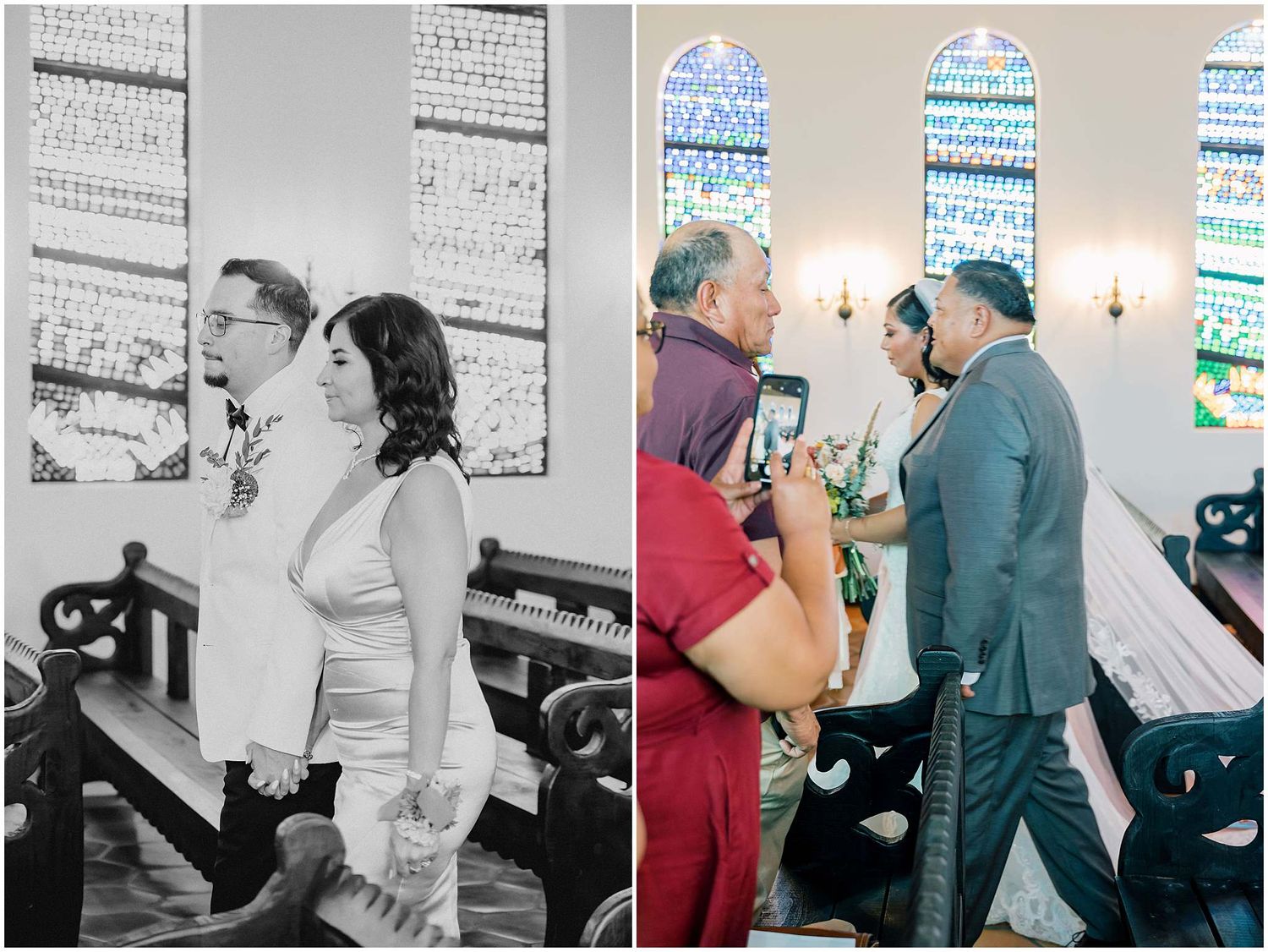 Wedding ceremony moments captured in both color and black and white inside a historic church.