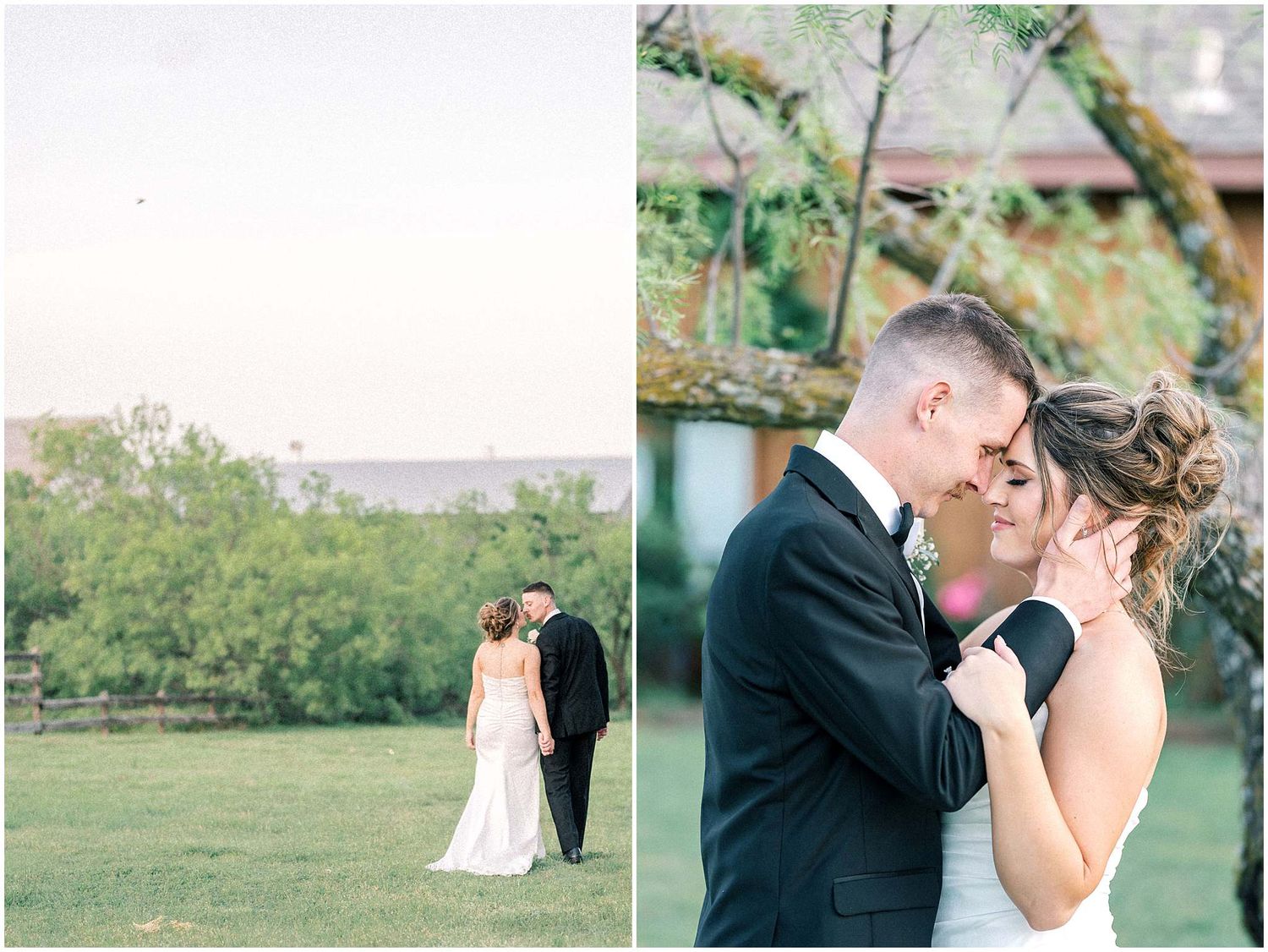 Emotional wedding photo series capturing intimate moments between a couple near a rustic building.