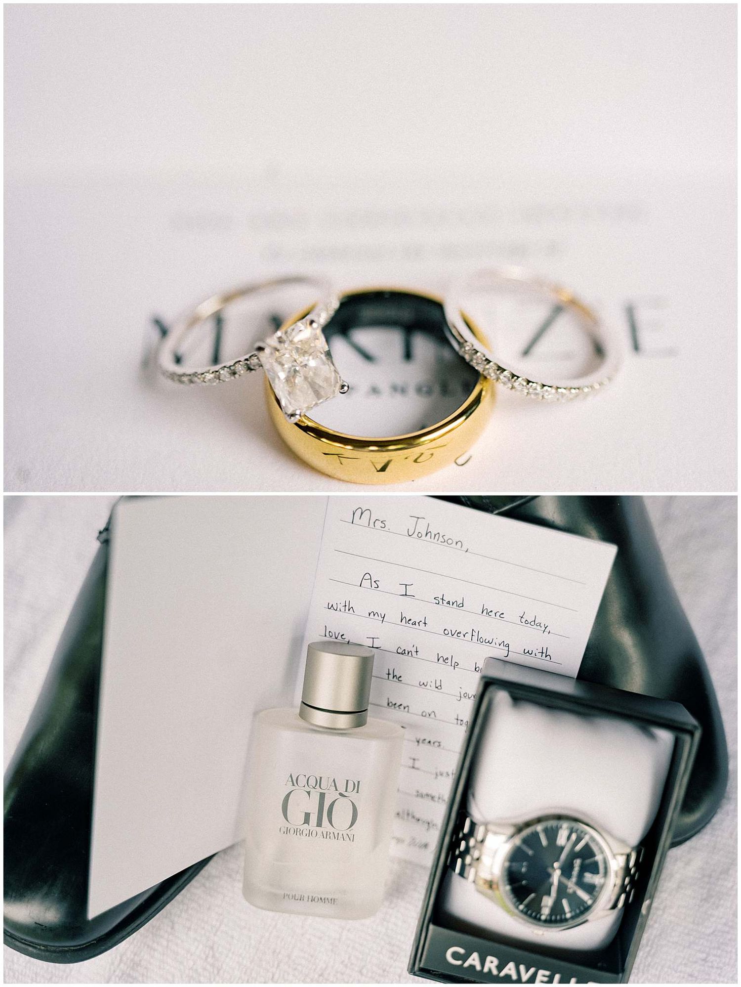 Wedding details including rings, perfume bottle, and watch arranged on white surface.