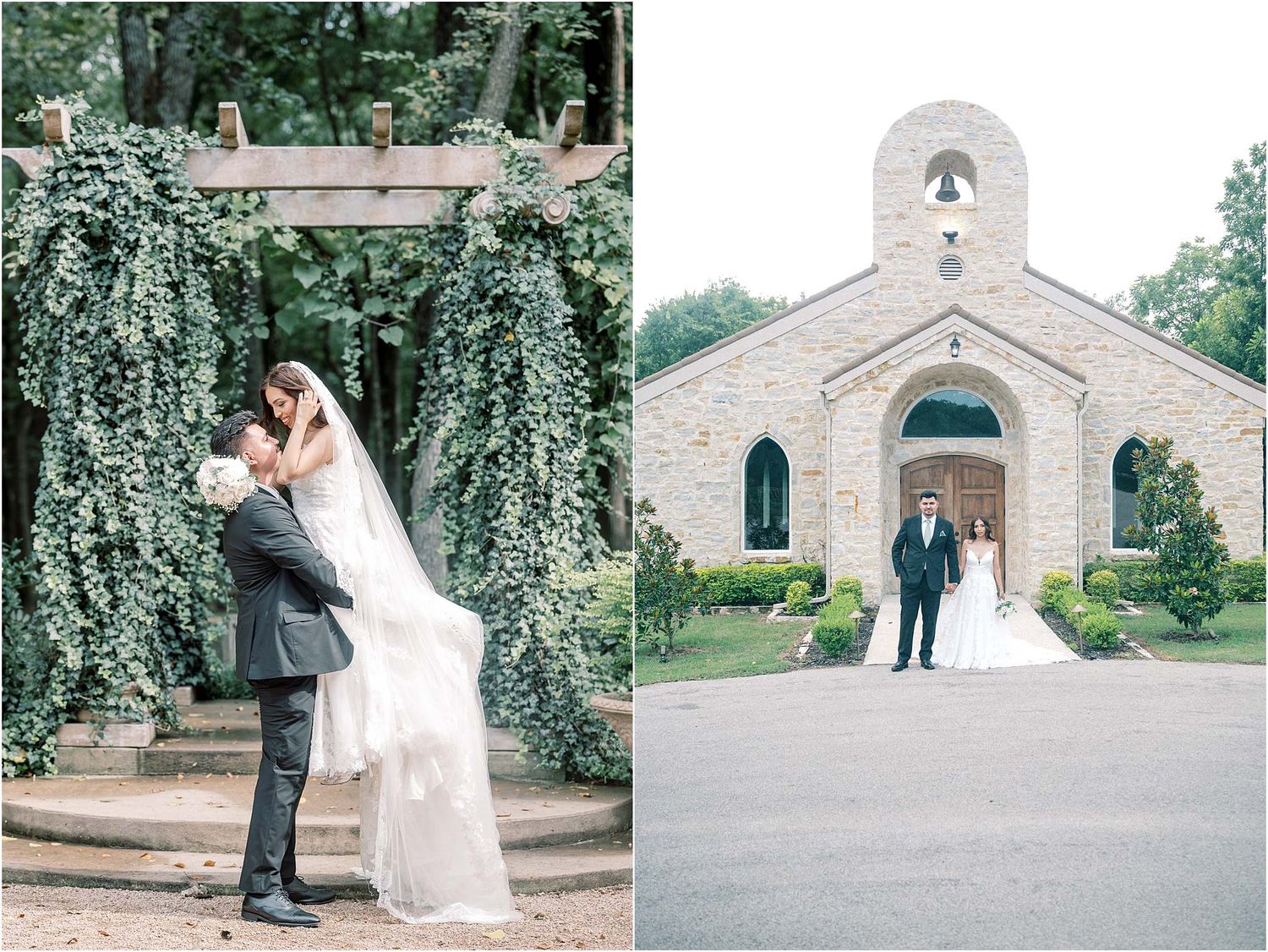 Stone chapel exterior provides a classic backdrop for wedding photography among green foliage.