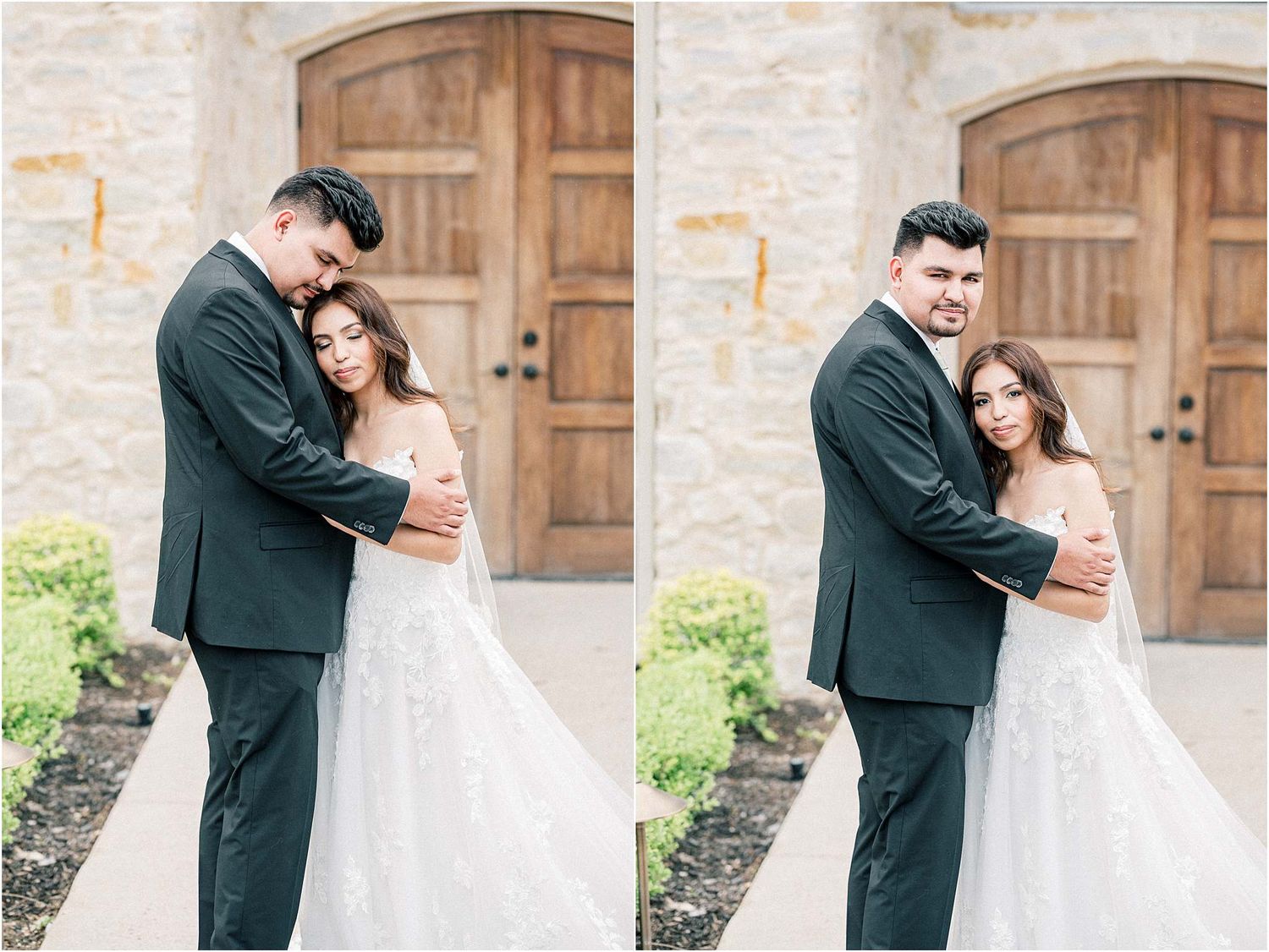 Series of intimate wedding portraits captured against a rustic stone wall backdrop.