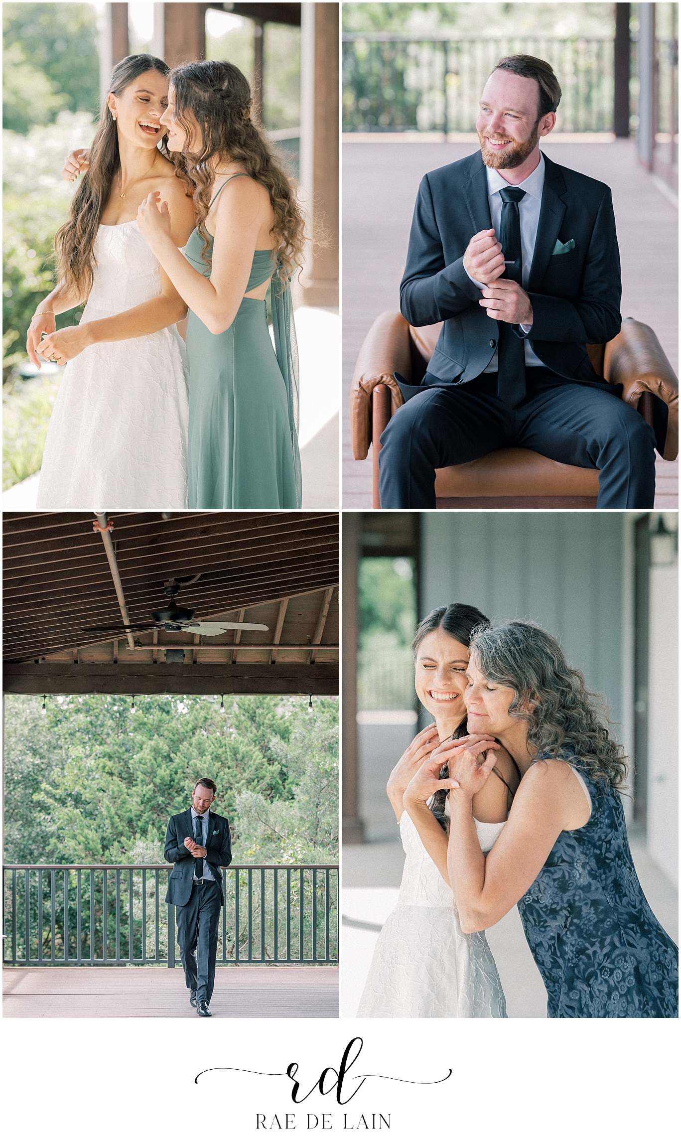 Wedding party in sage green dresses and dark suits posing together outdoors.