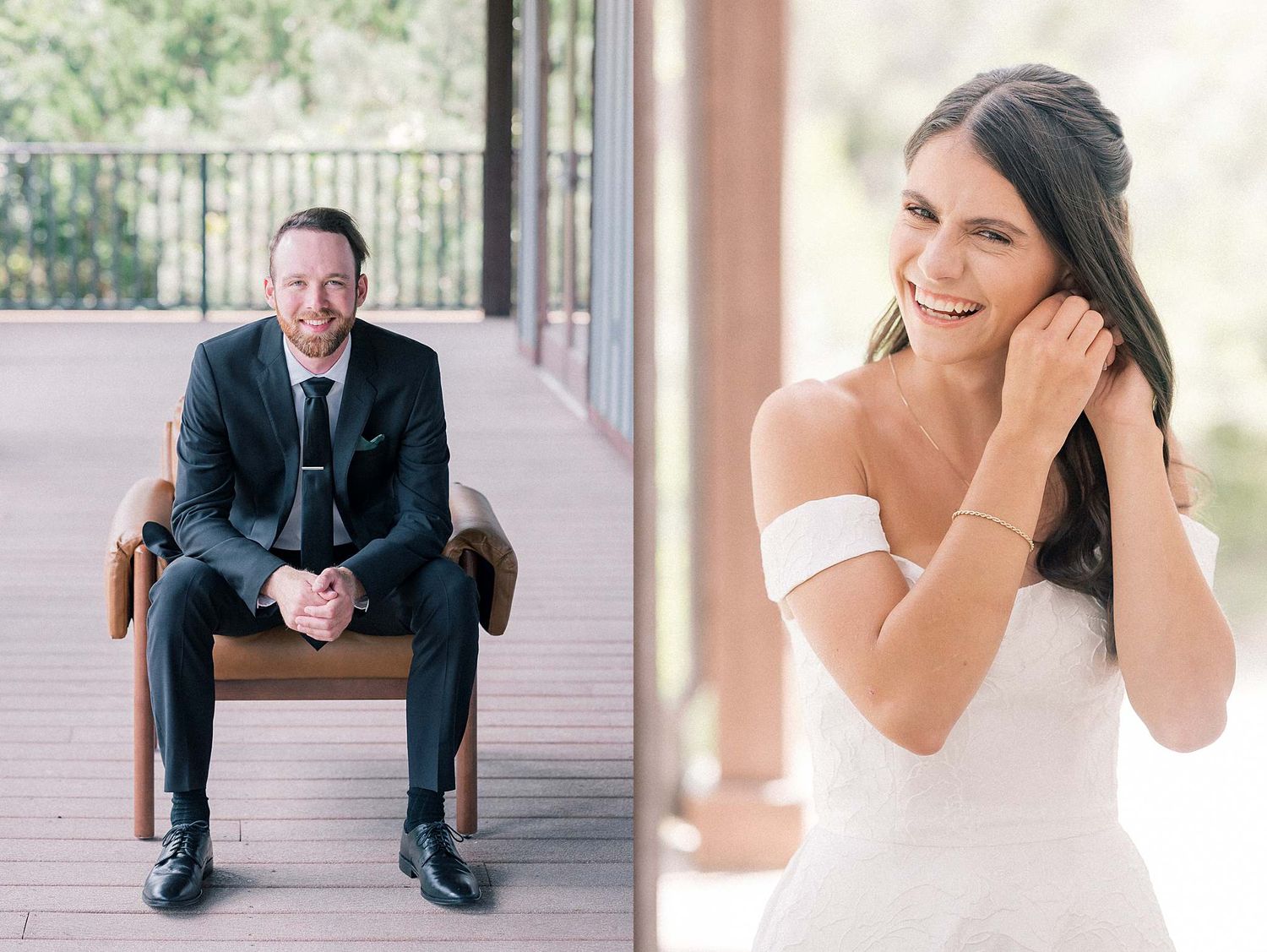Candid moments captured during a wedding celebration on a covered porch.
