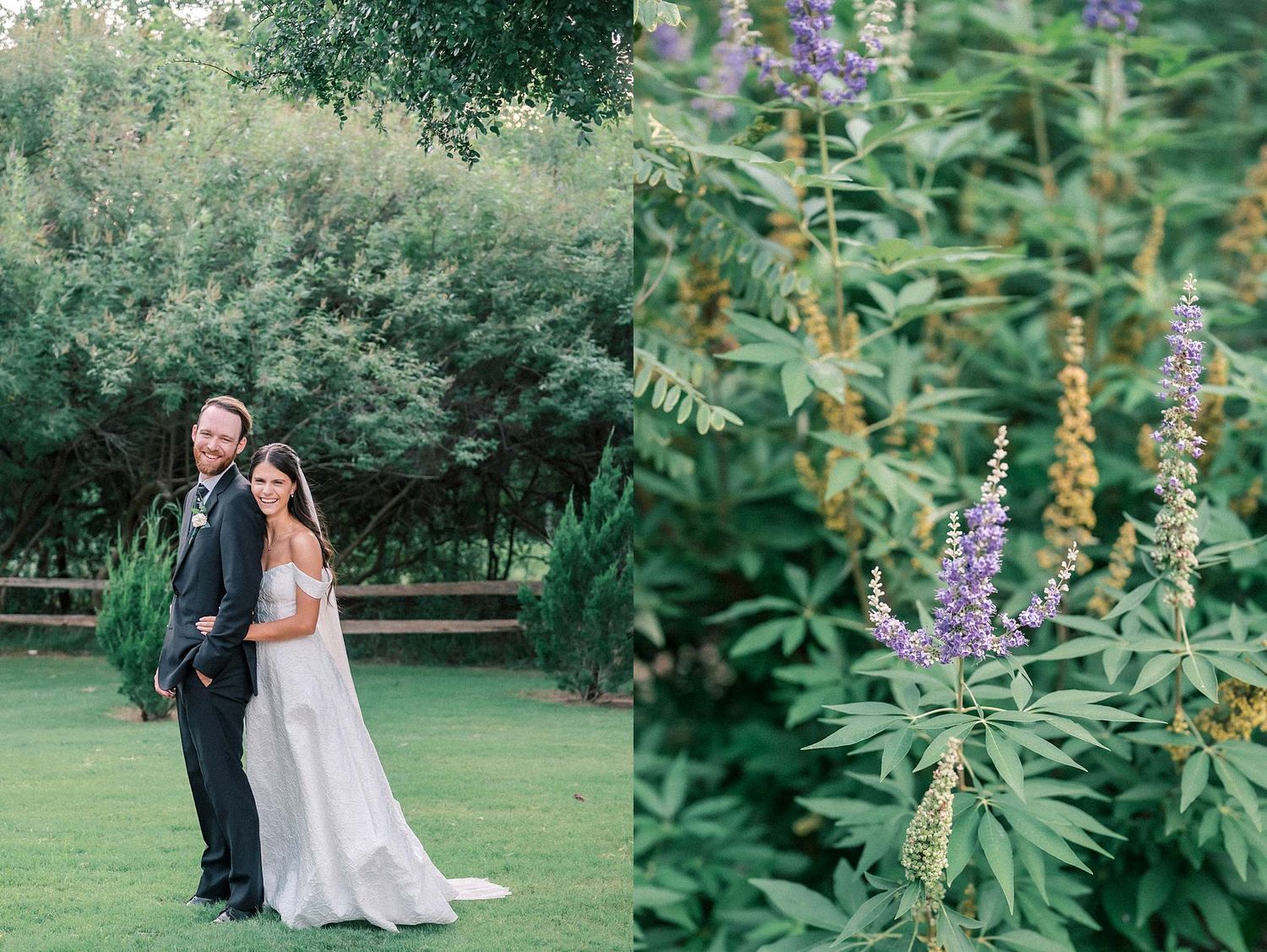 Wedding photography in a garden with purple lupines and natural greenery creating a romantic backdrop.