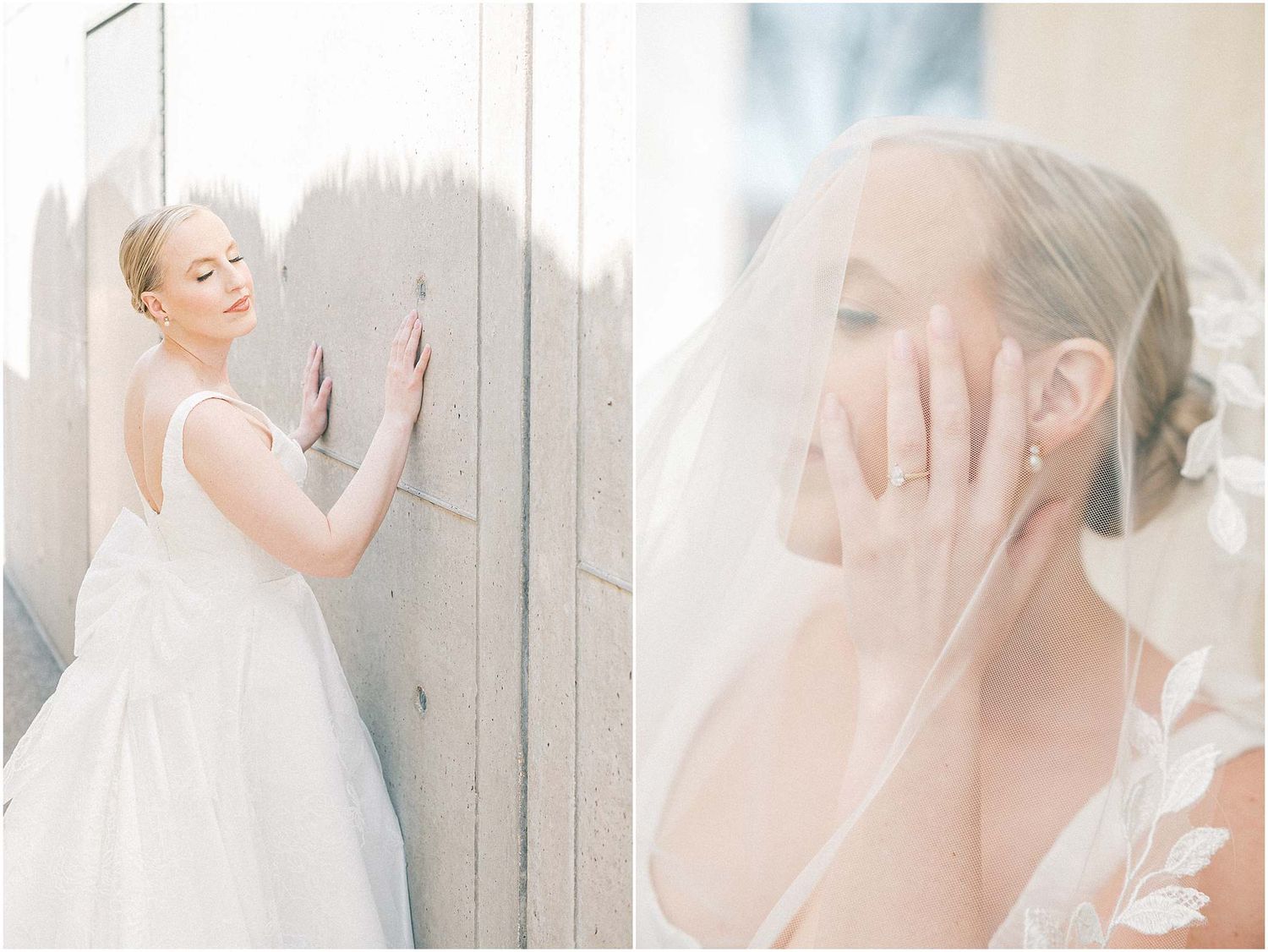 Dreamy bridal photography with soft focus and delicate white fabric details.