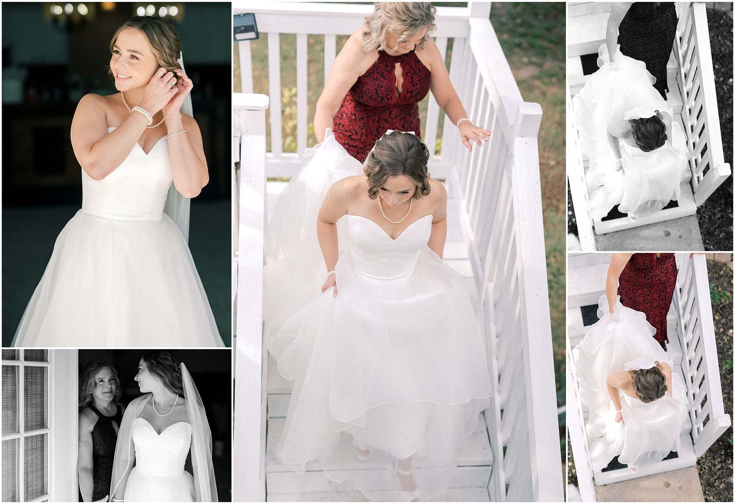 Collection of romantic bridal moments featuring flowing white wedding gowns.