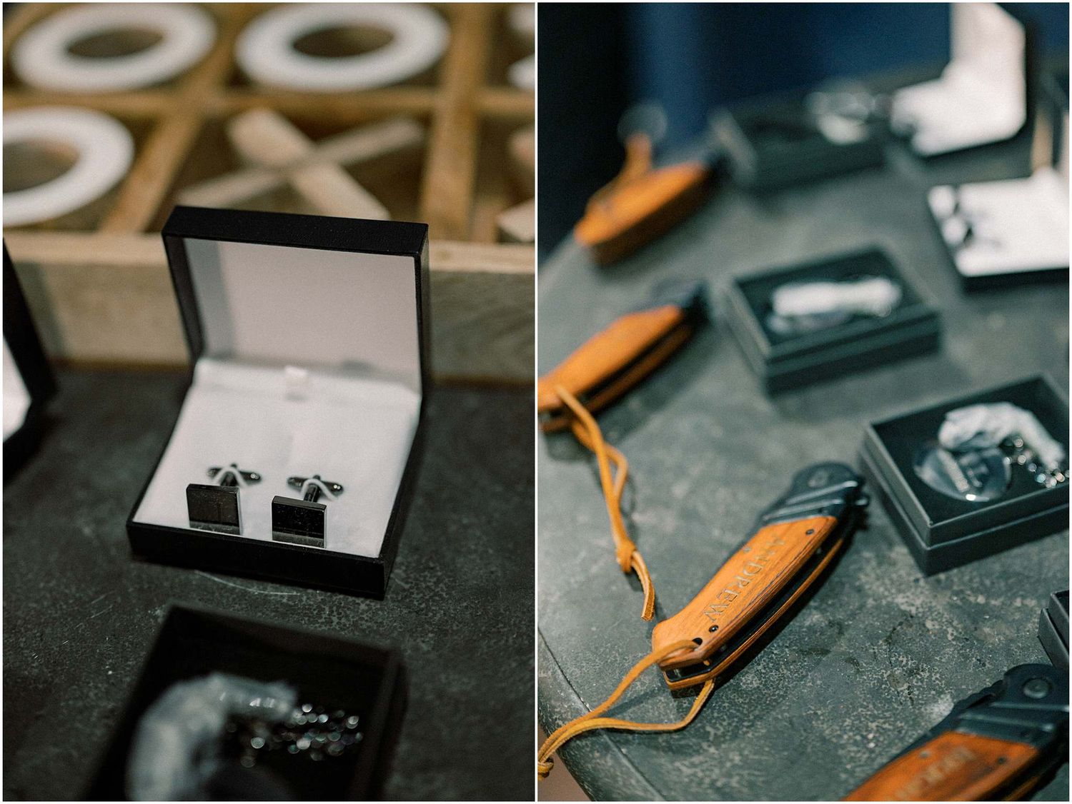 Wedding photography details with vintage camera and leather strap on dark textured surface.