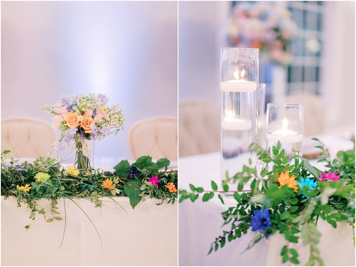 Close-up details of colorful floral table arrangements with roses, greenery and candlelight at a wedding reception.