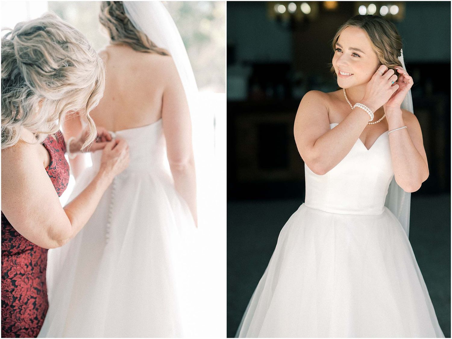 Elegant white wedding dress details captured in dramatic lighting.