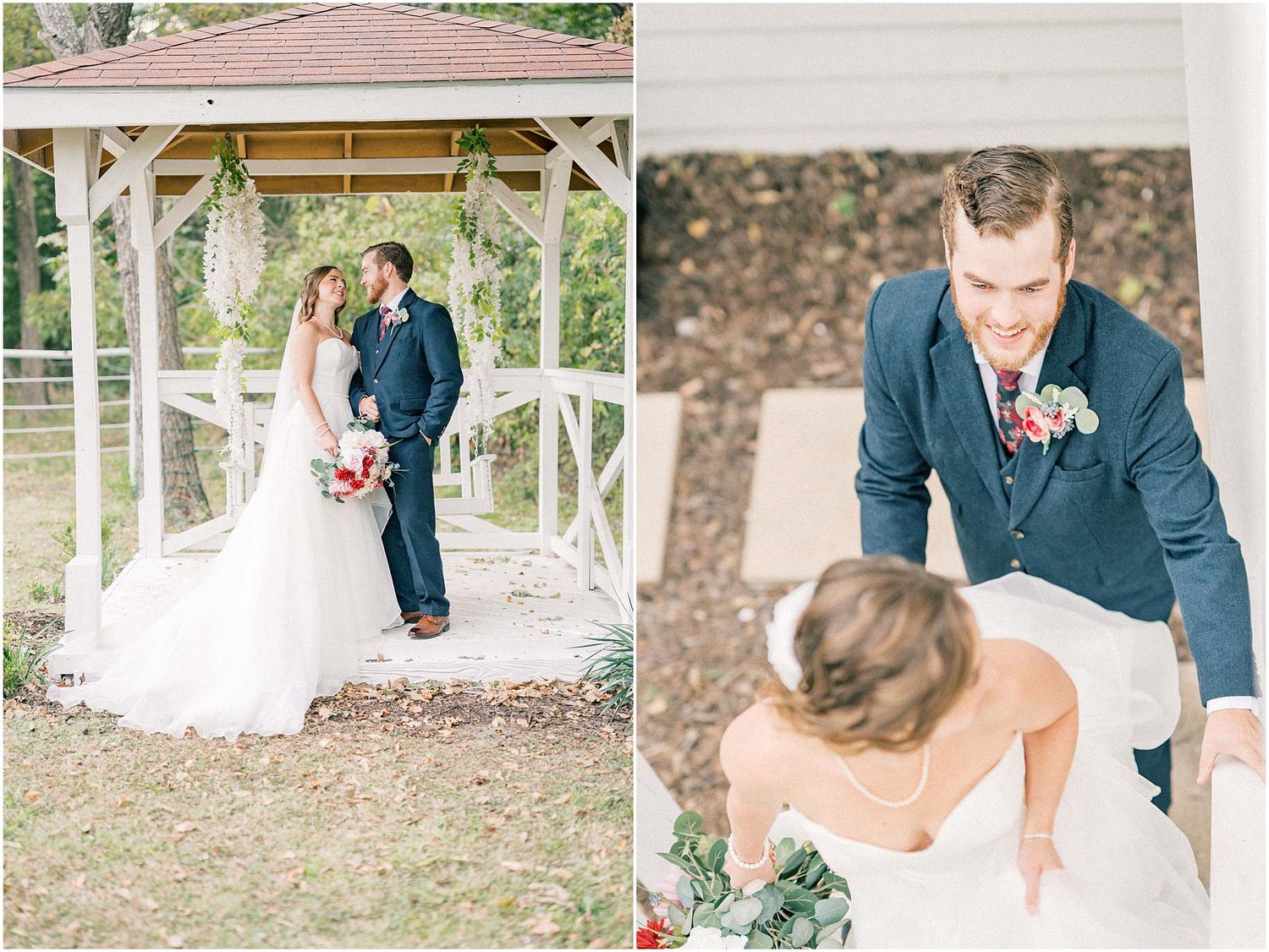 Series of tender moments captured between newlyweds near a white gazebo.