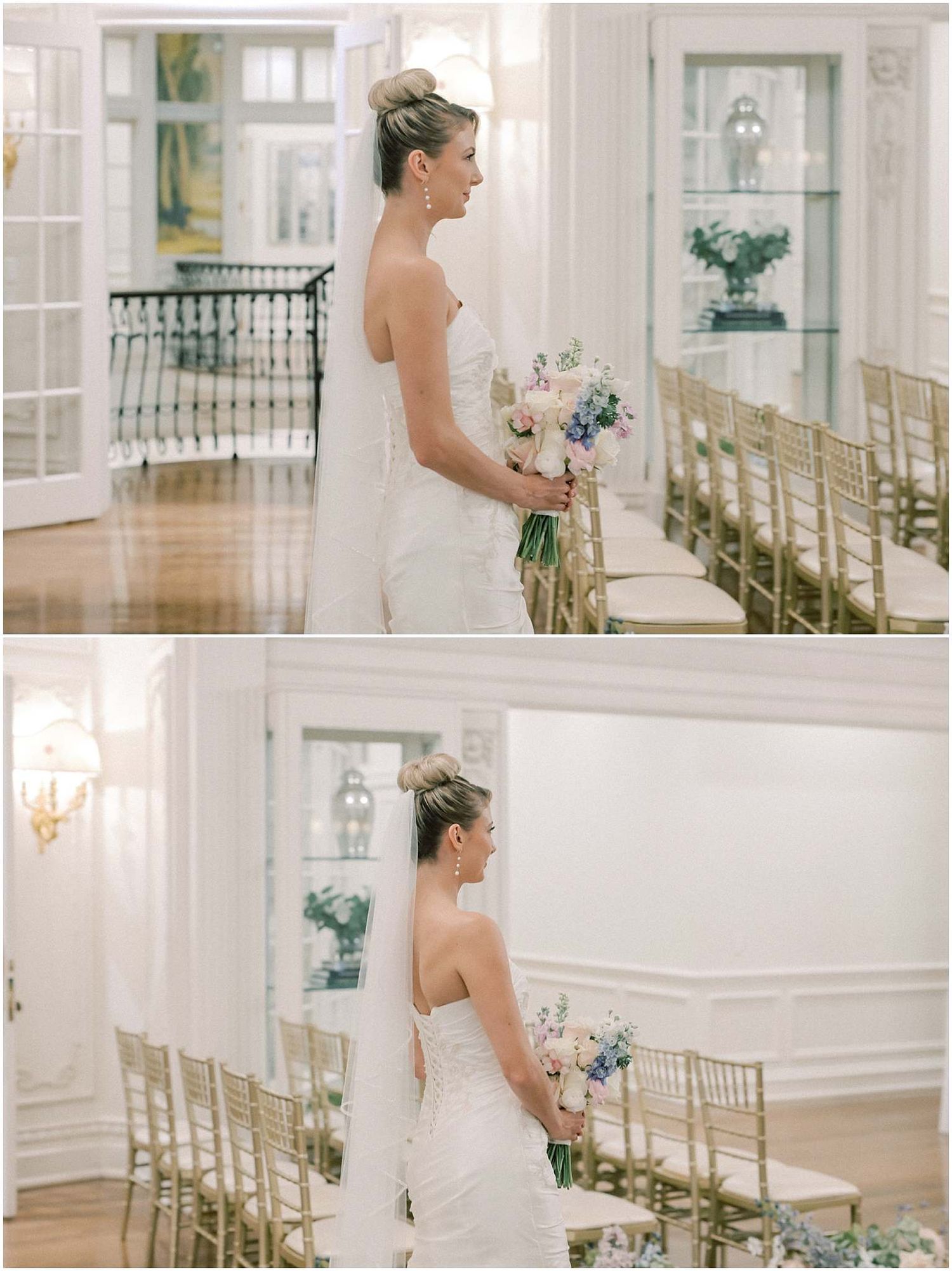 Elegant bridal portraits in a bright ballroom with gold chairs and classic architectural details.