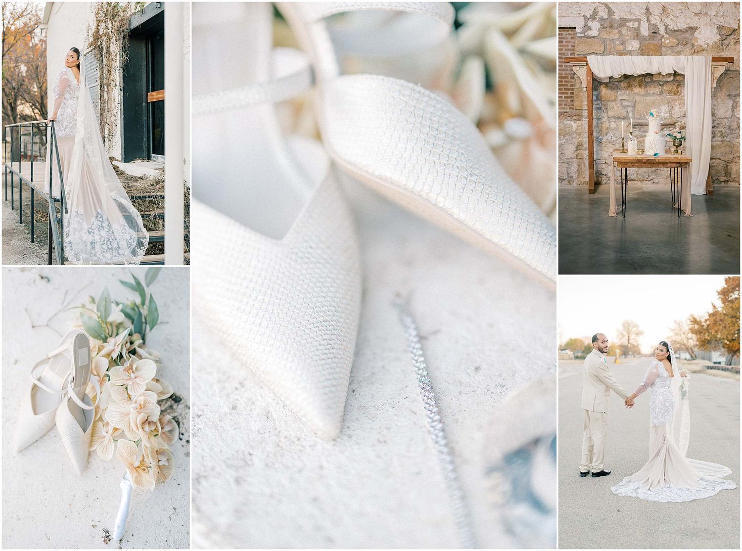 Collection of ethereal wedding photographs featuring delicate details in white and soft pastel colors.