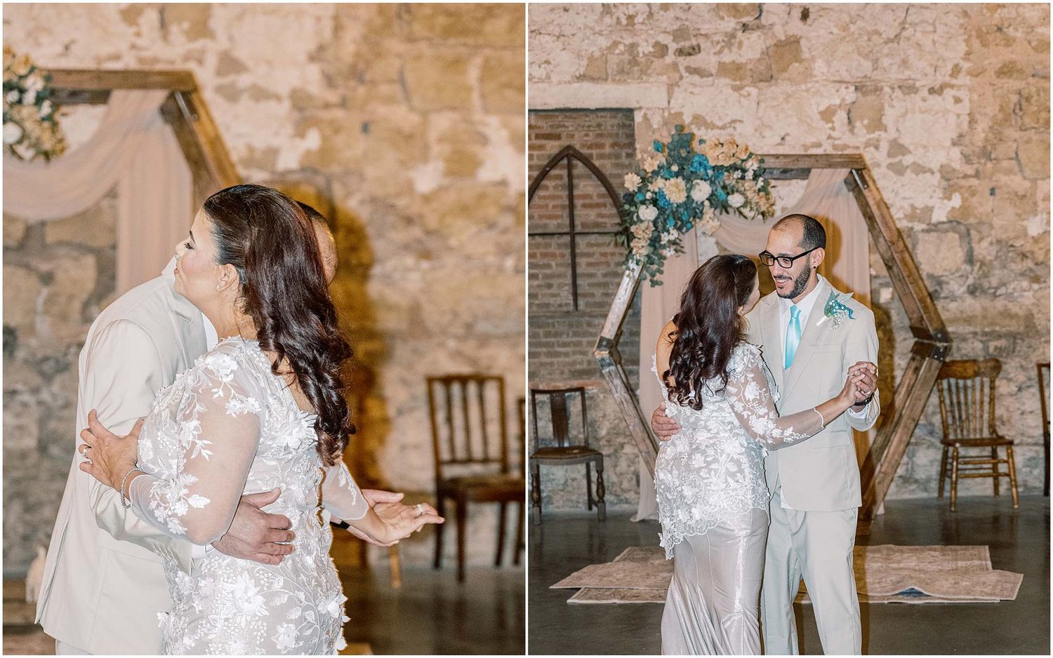 Romantic wedding couple dancing and embracing in a rustic stone venue with elegant decor.