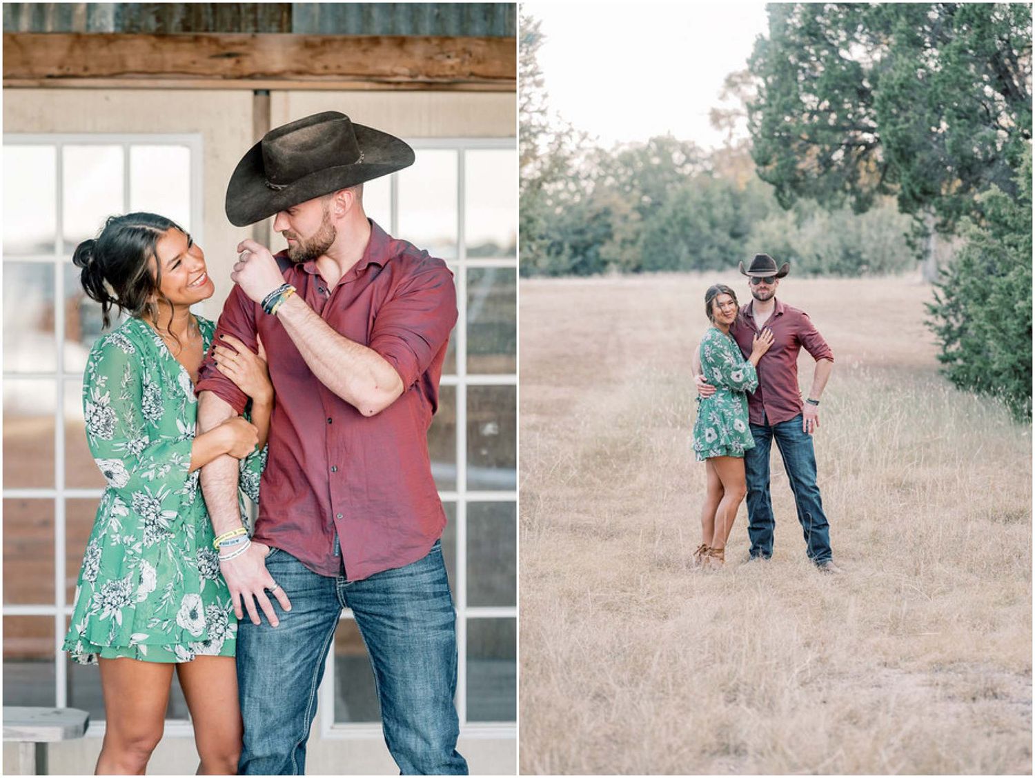 Multiple shots of a couple in western wear showing affection in various outdoor and indoor settings.