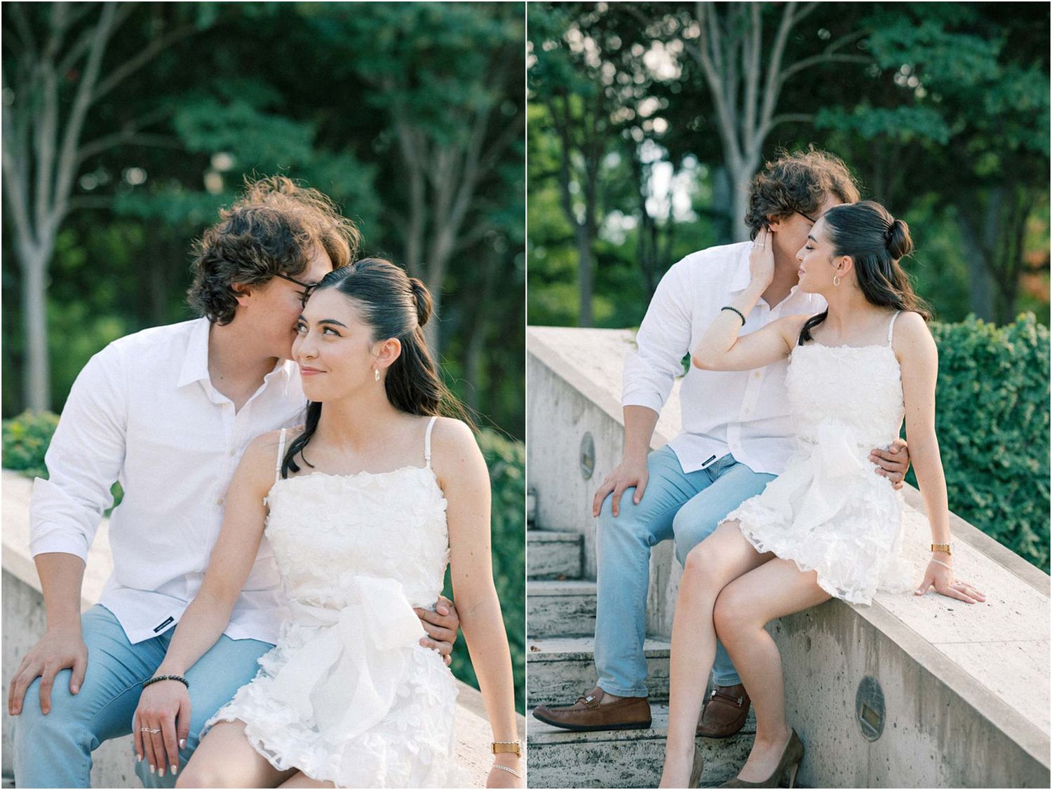 Romantic couple poses on stone bench surrounded by lush greenery.