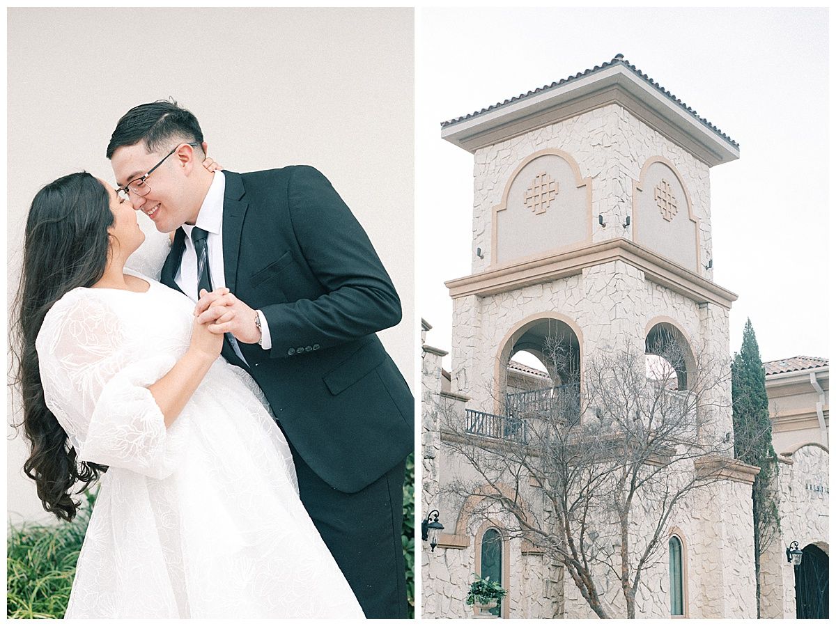 Romantic engagement photo session under elegant stone archways in a garden setting.