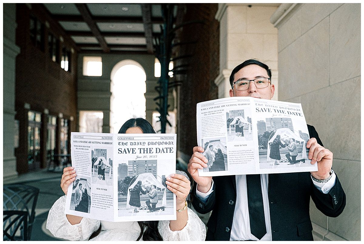 Multiple shots of a couple holding up their save the date announcements.