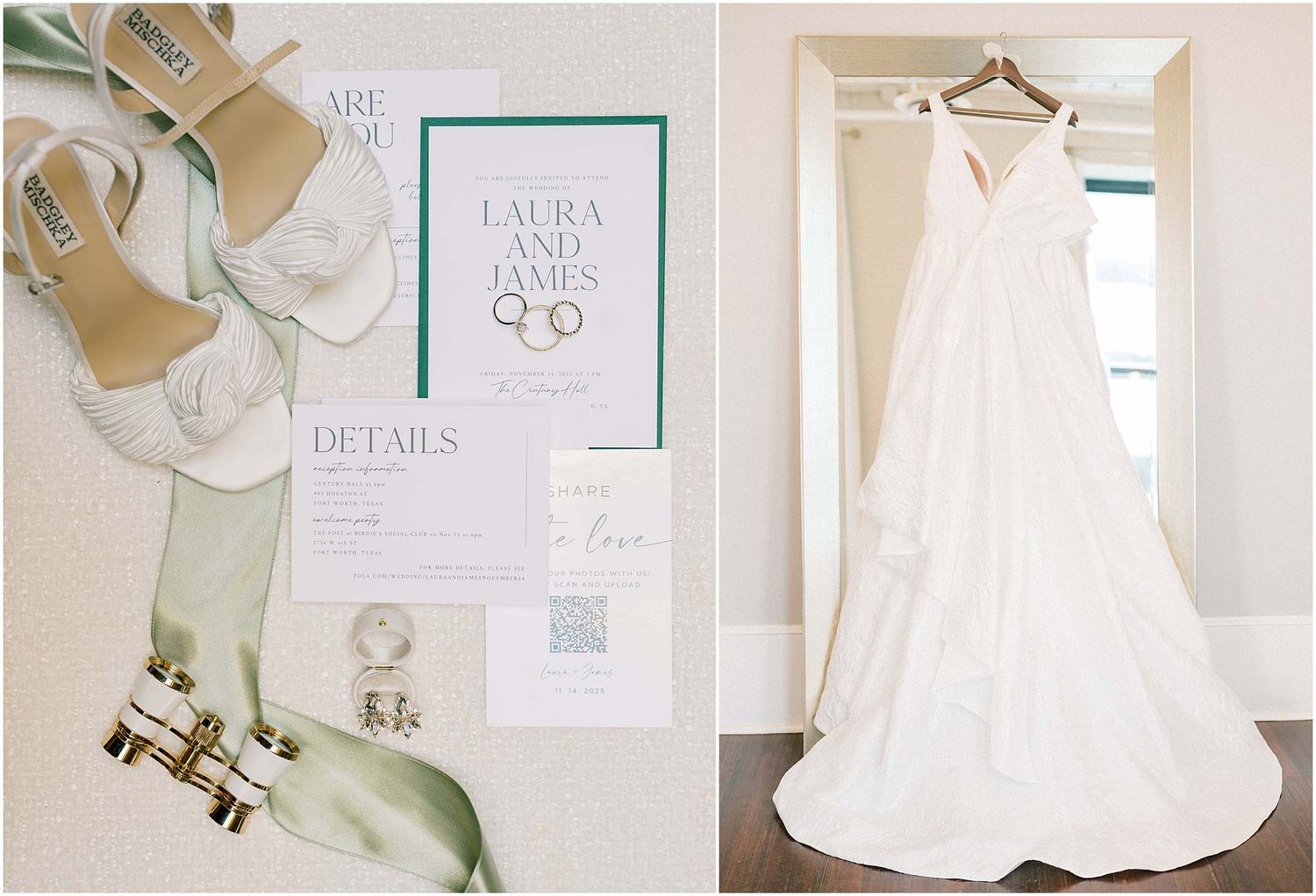 Wedding stationery suite featuring white dress illustration and elegant typography in soft colors.
