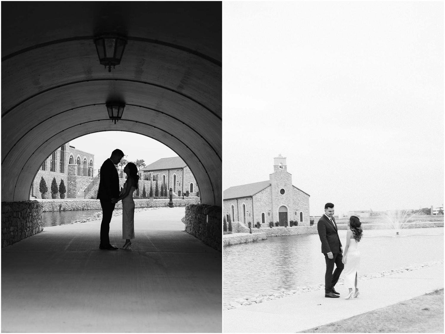 A series of black and white photos showing silhouettes of people walking through archways and along a beach.