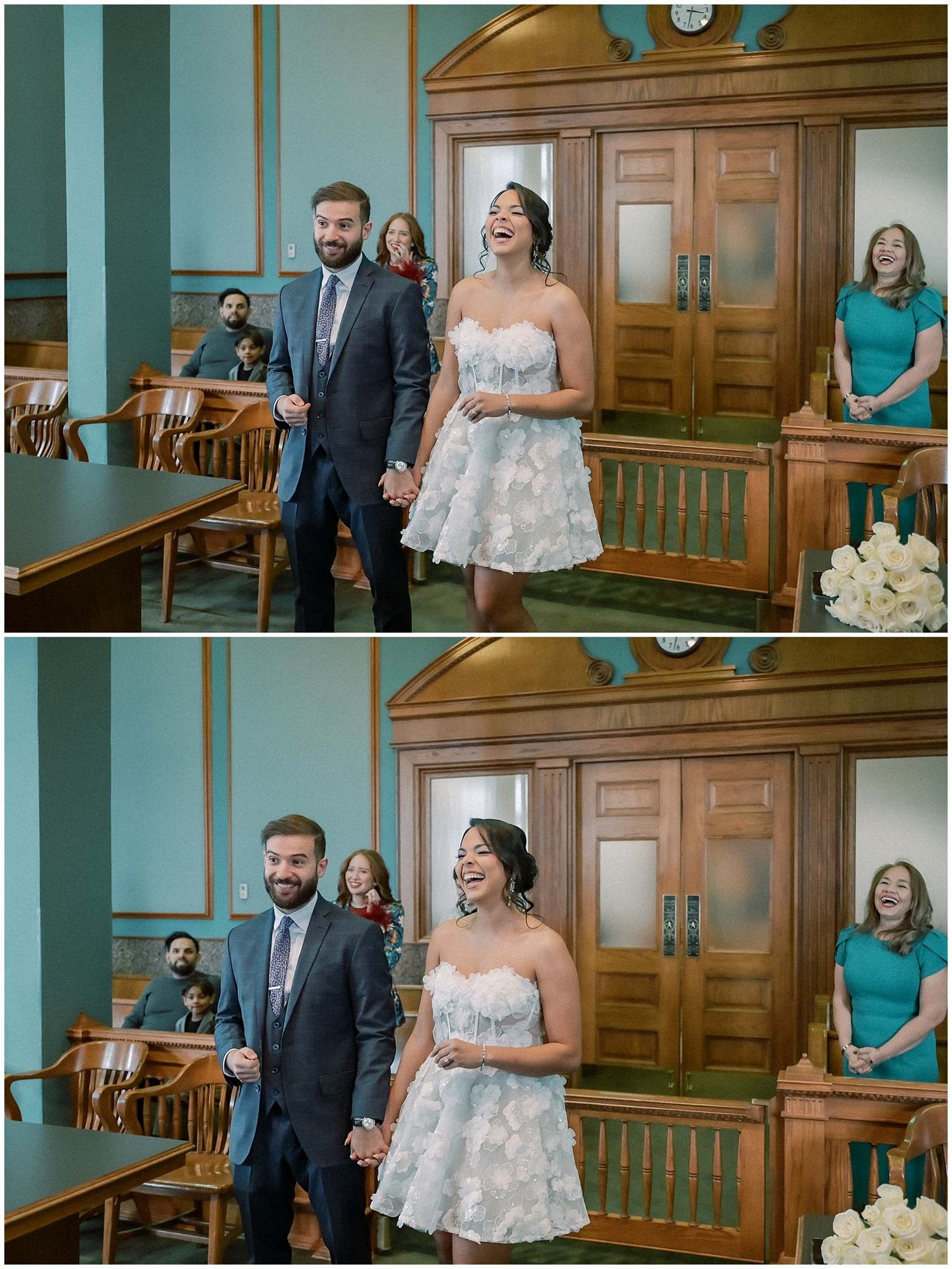 Joyful wedding ceremony moments captured in a courthouse setting with elegant decor and wooden details.