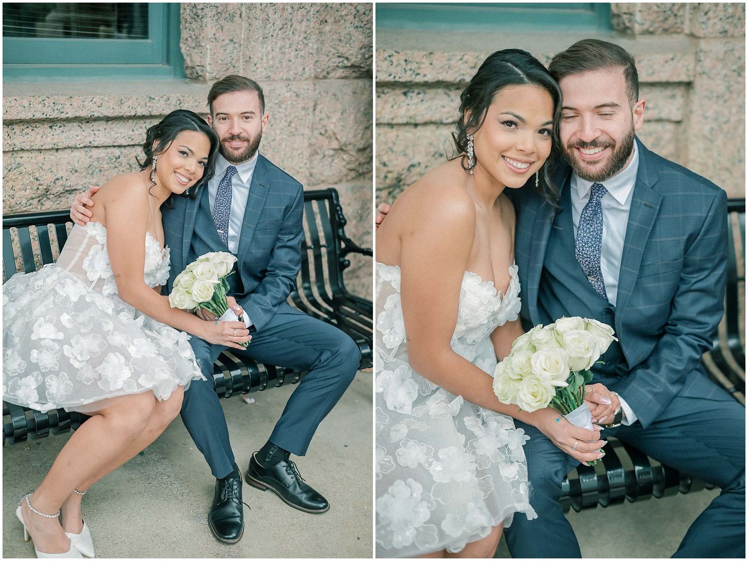 Newlywed couple shares intimate moments sitting on a stone bench in a romantic outdoor setting.