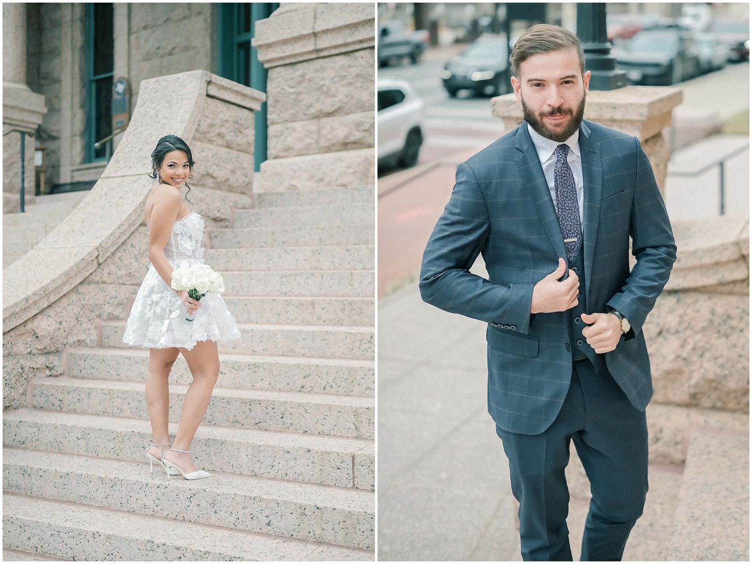 Two individual portraits on stone steps outside a historic building in formal attire.