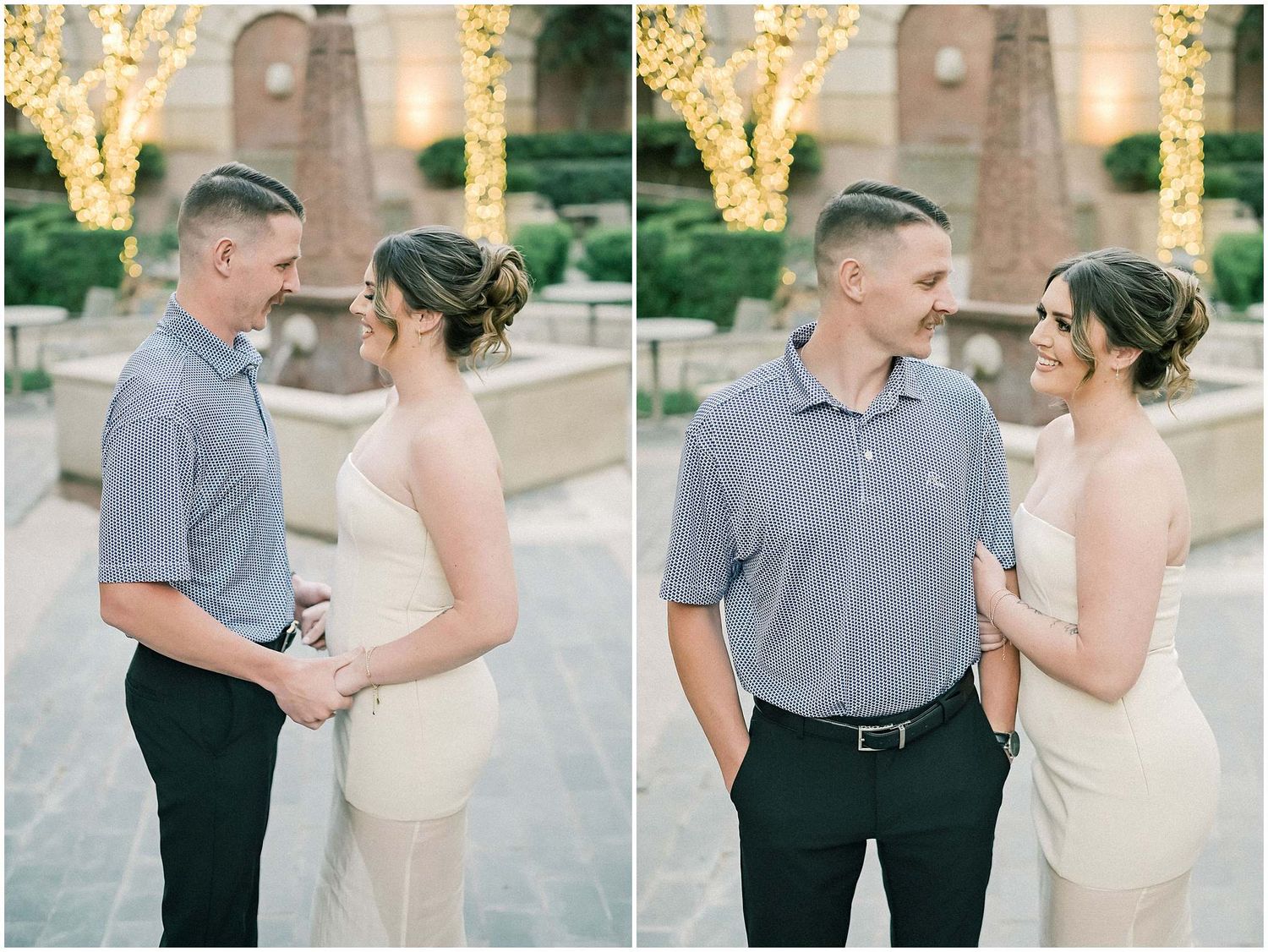 A romantic wedding photo sequence shows a couple dancing together outdoors in formal attire at sunset.