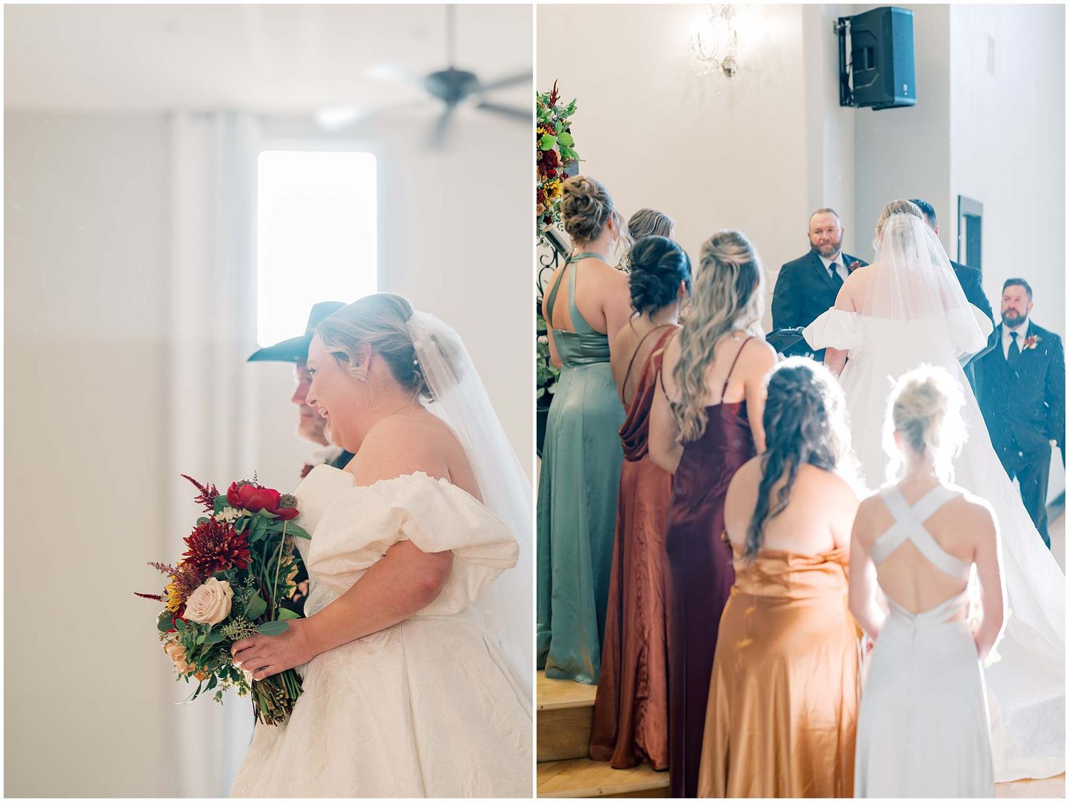 Wedding party members in formal attire gathered for indoor portrait shots.
