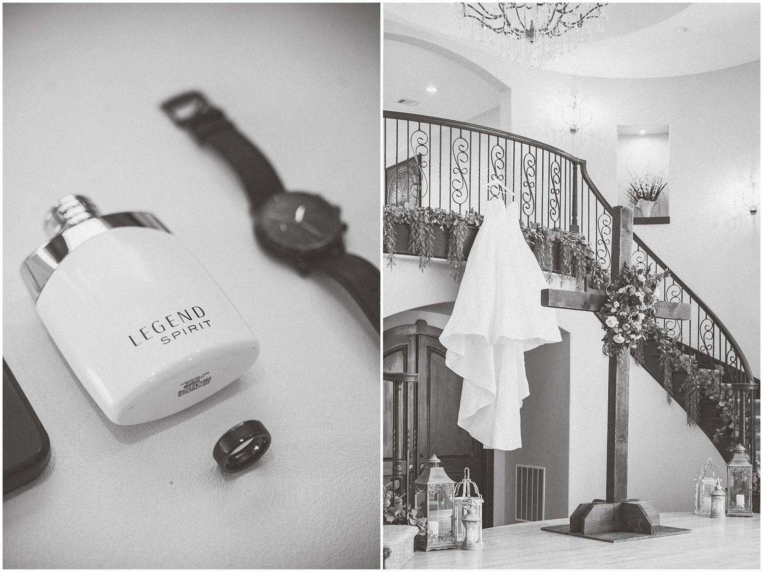 Black and white photo of perfume bottle and watch next to an elegant staircase with hanging wedding gown.