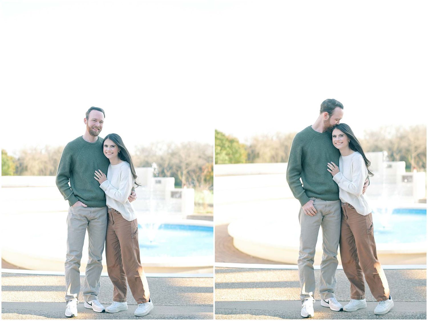 A couple in casual attire poses together near a swimming pool on a sunny day.