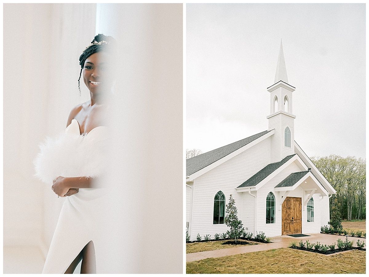 Classic white chapel with steeple nestled among trees and ethereal bridal portrait.