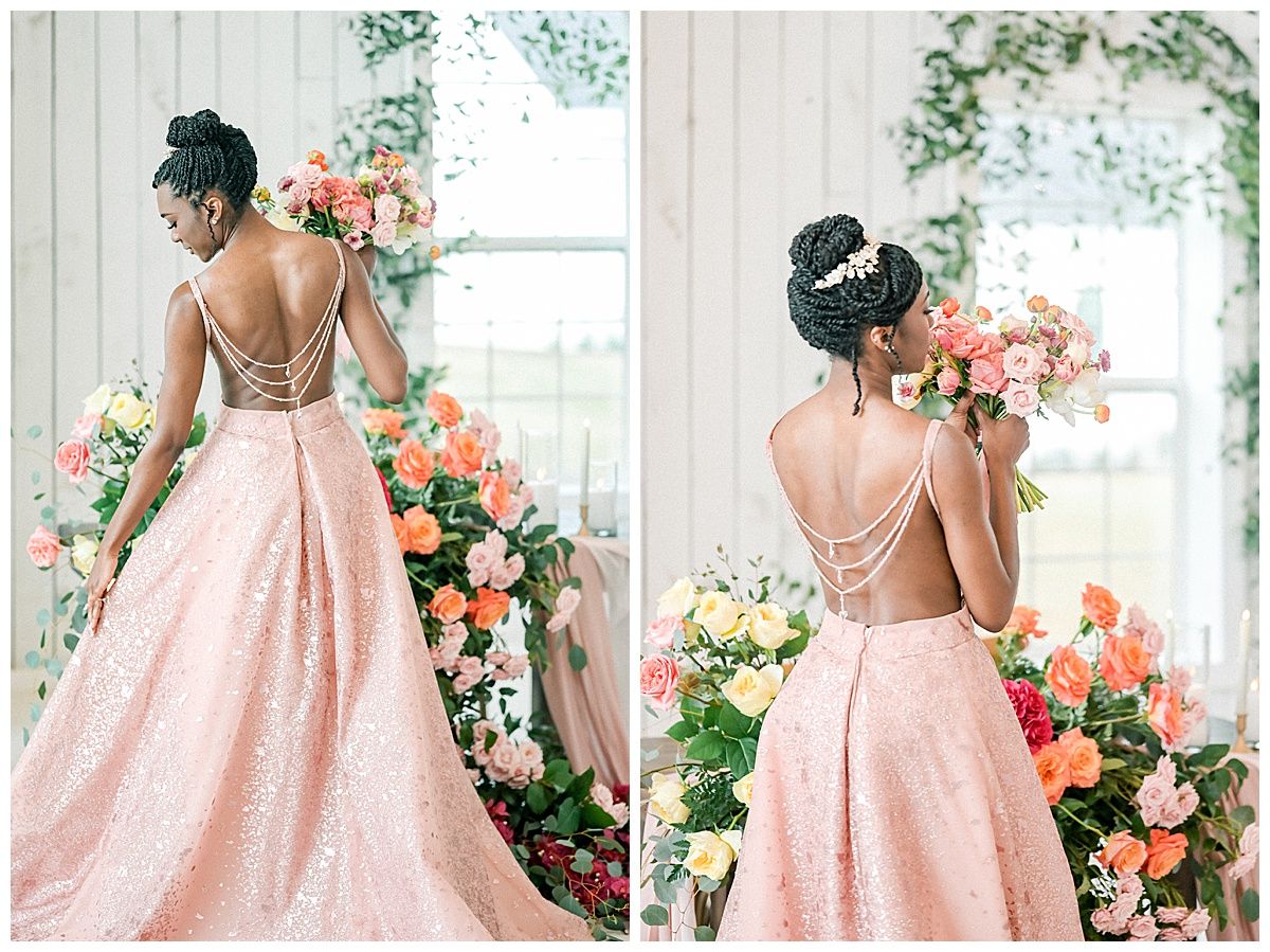 A collection of photos showing a pink ballgown wedding dress with floral decor and elegant bridal details.