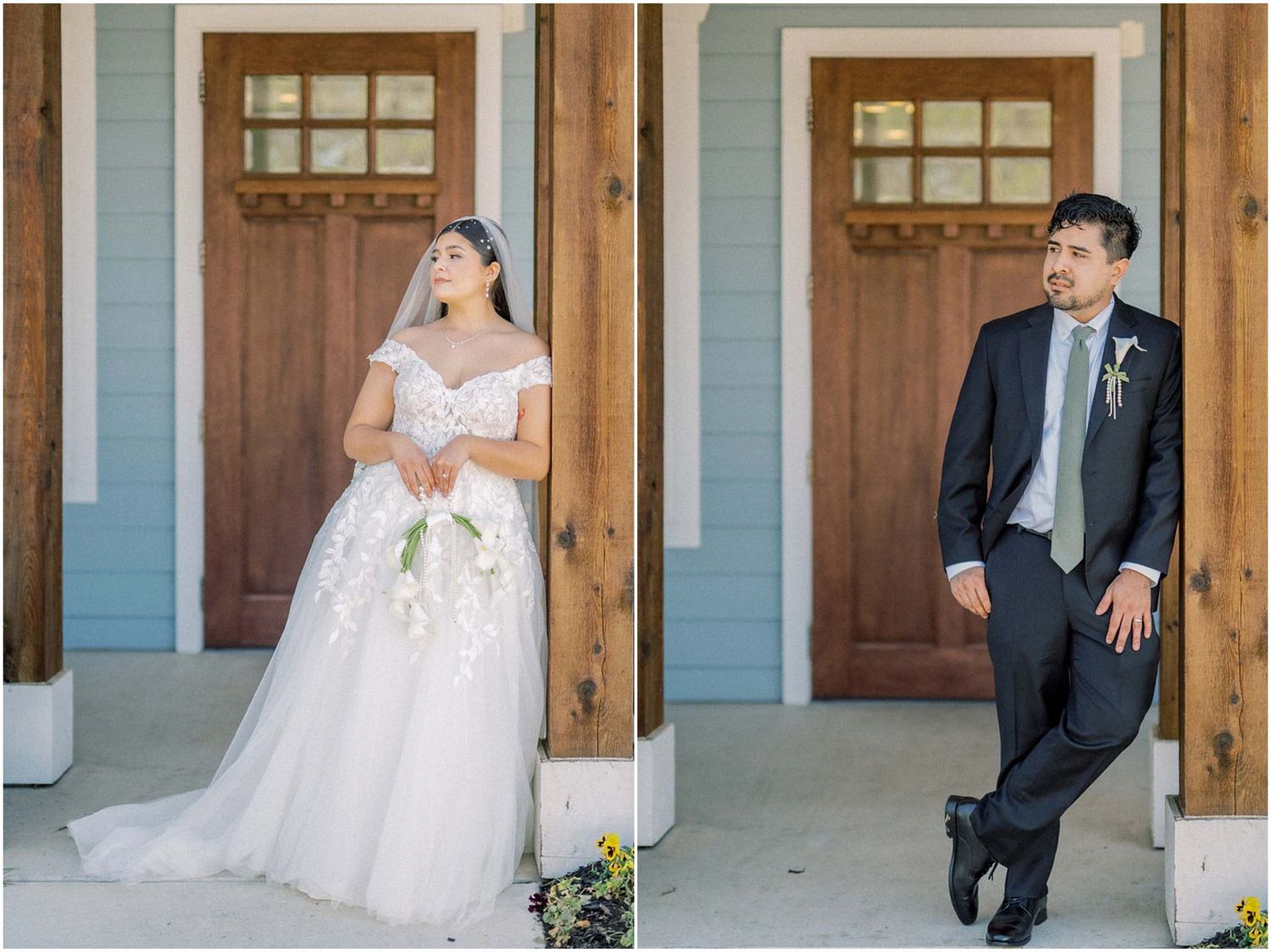 Wedding couple shares intimate first look moments in a series of candid photos on a porch with wooden columns.