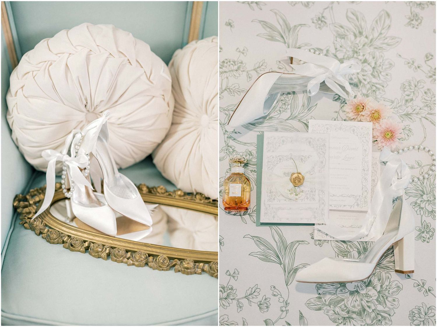 Delicate wedding stationery and accessories arranged with floral wallpaper background.