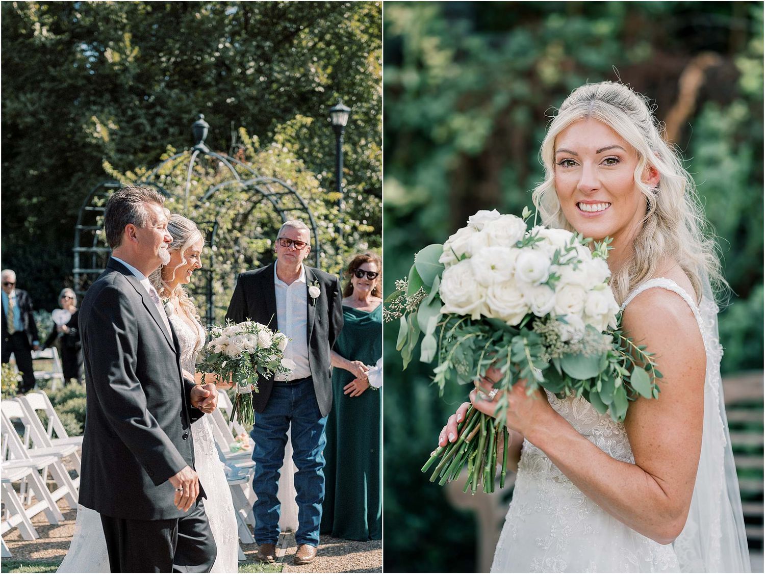 Elegant outdoor wedding celebration with white floral bouquet in a garden setting.