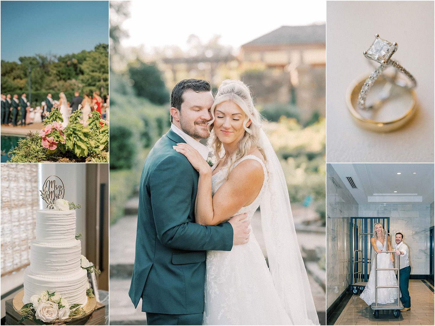 Collection of wedding photographs showing outdoor ceremony, cake details and intimate moments.