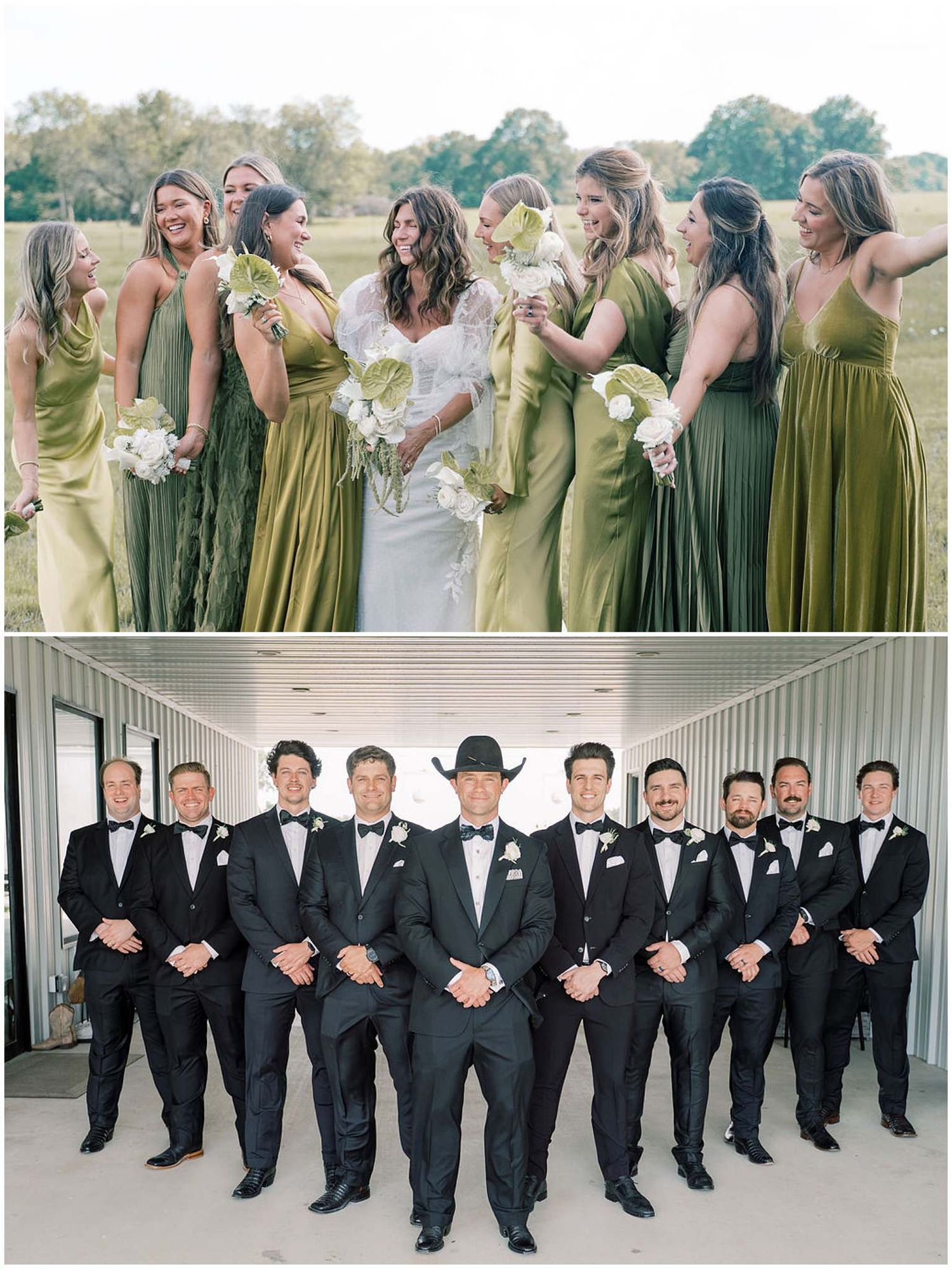 Wedding party group photos showing bridesmaids in green dresses and groomsmen in black tuxedos.