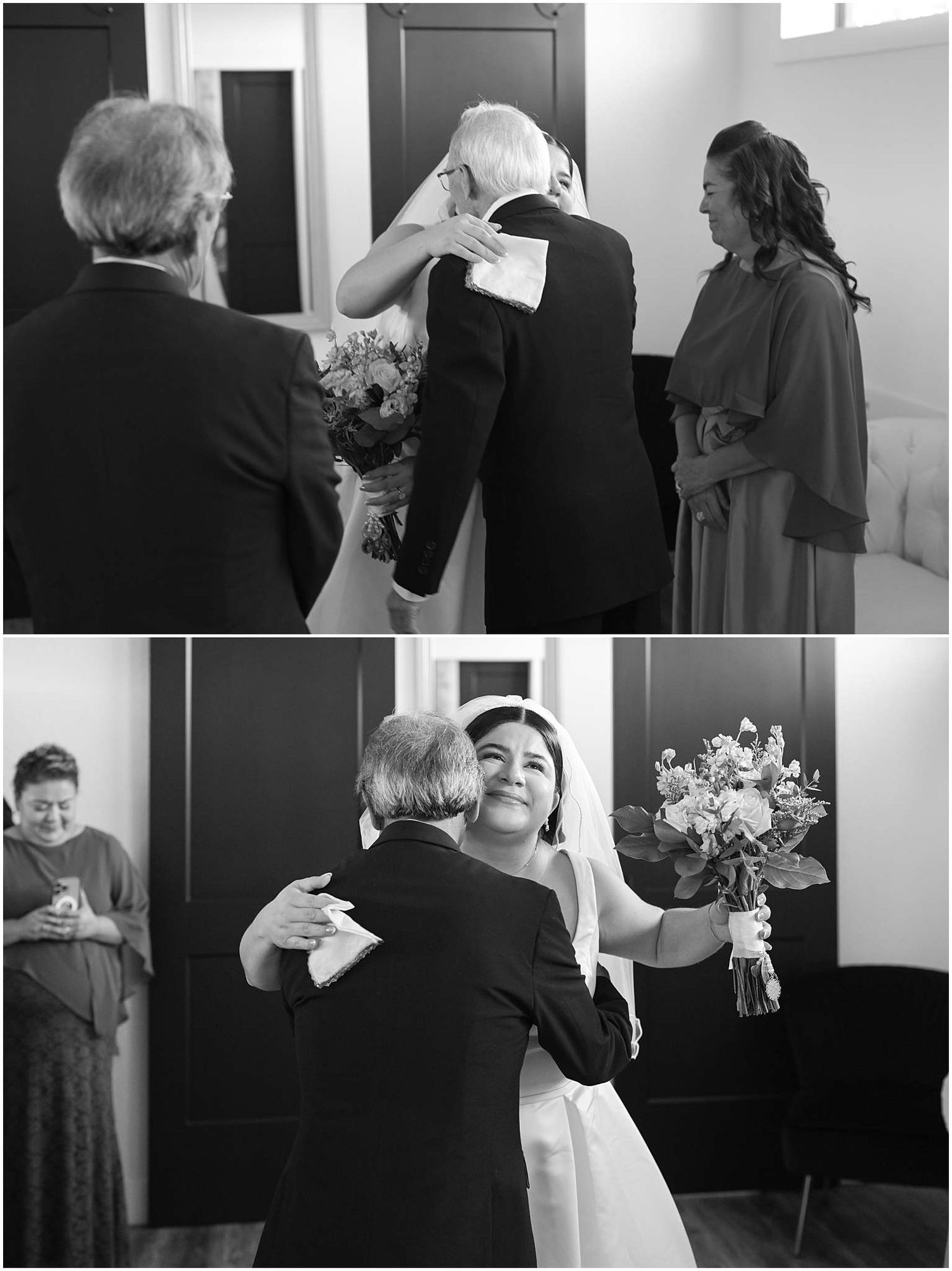 Black and white candid wedding photos capturing emotional reactions and intimate moments.