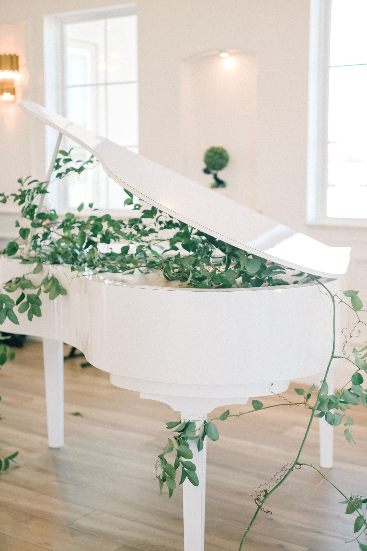 White staircase decorated with delicate green ivy in a bright indoor venue.