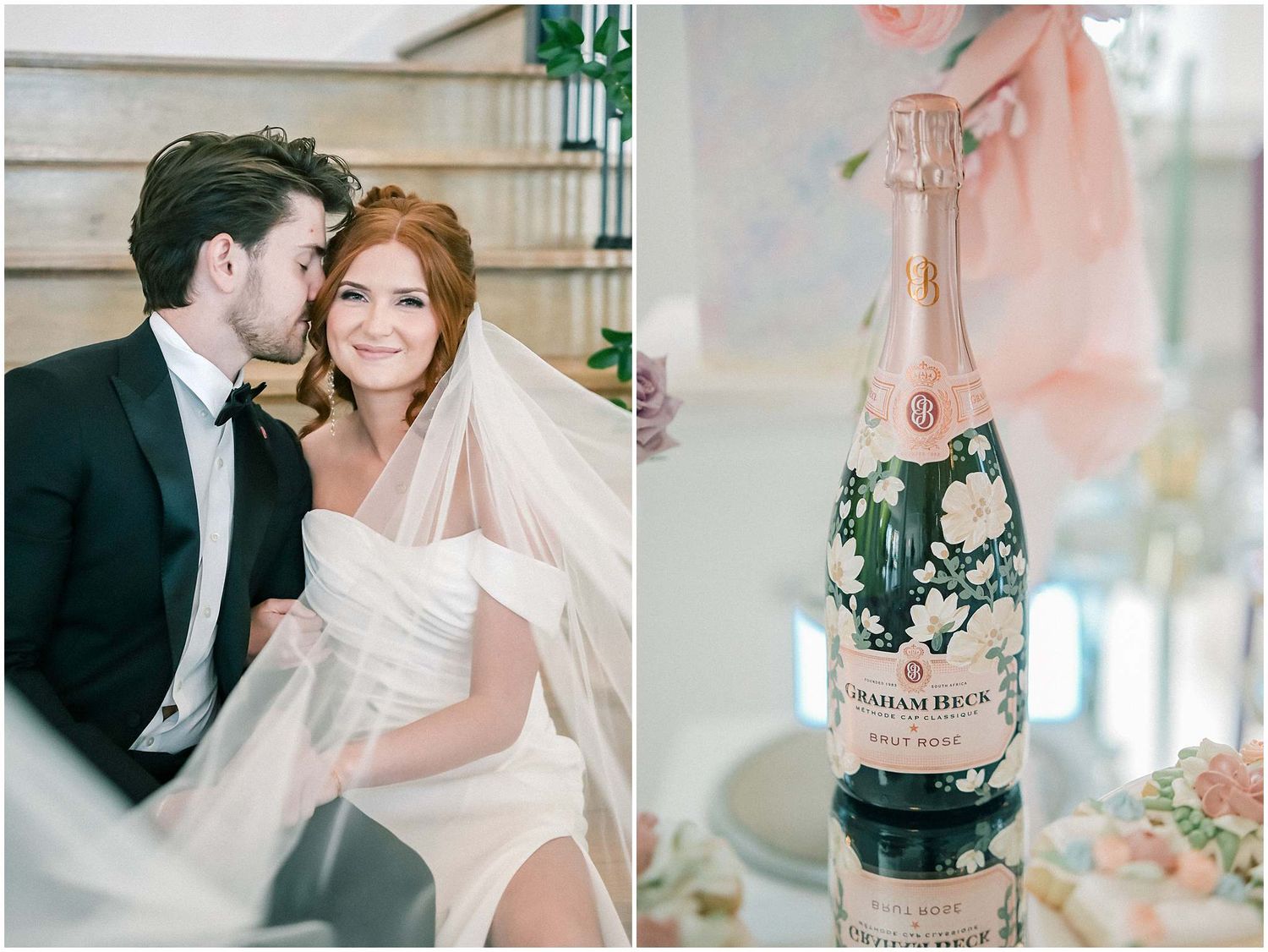 Wedding celebration moments captured in soft, pastel tones with elegant floral decorations.